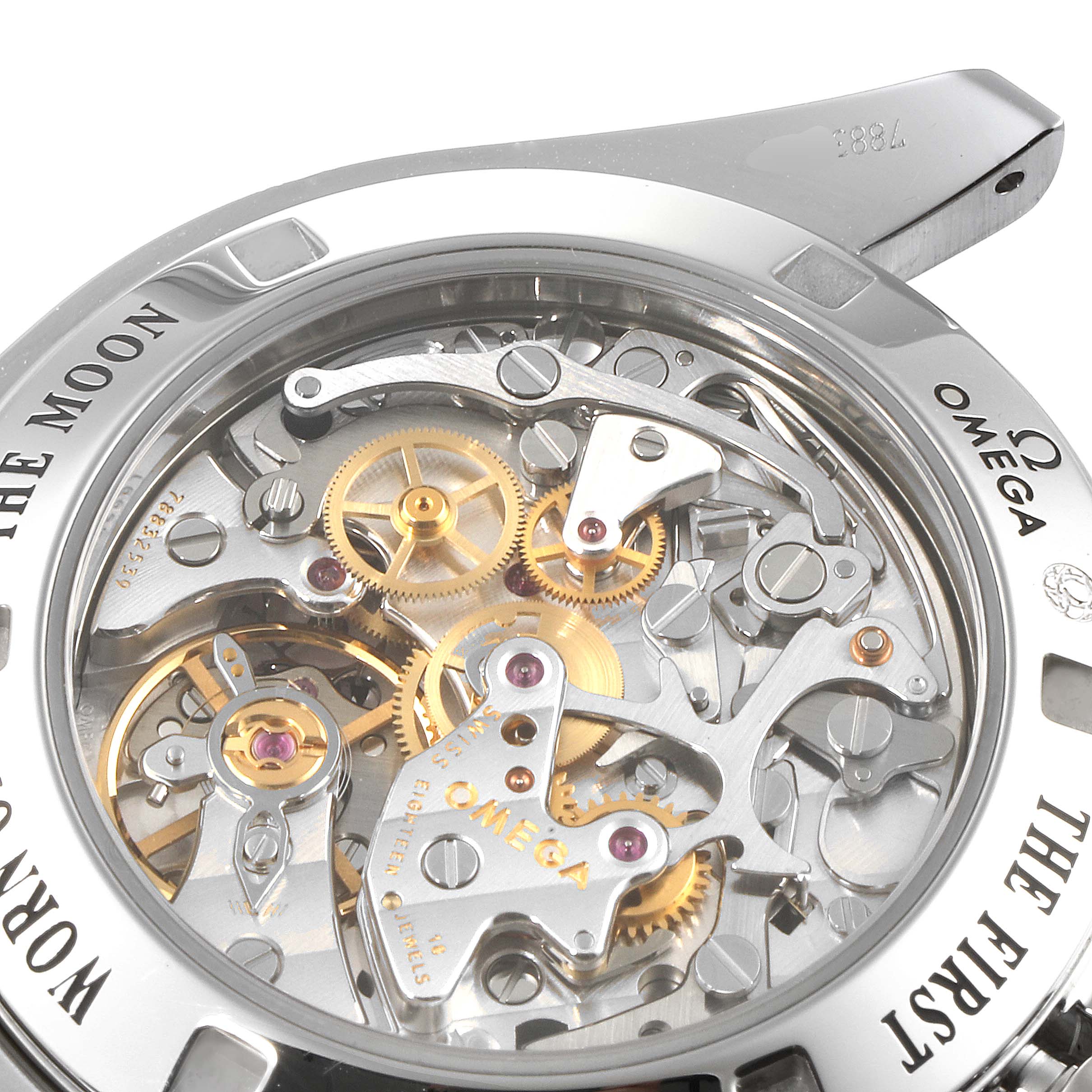 The image shows the back view of the Omega Speedmaster 311.30.42.30.01.006 Men
s Stainless Steel Black Dial 311.30.42.30.01.006 Men
s Stainless Steel Black Dial, highlighting its intricate mechanical movement and gears.