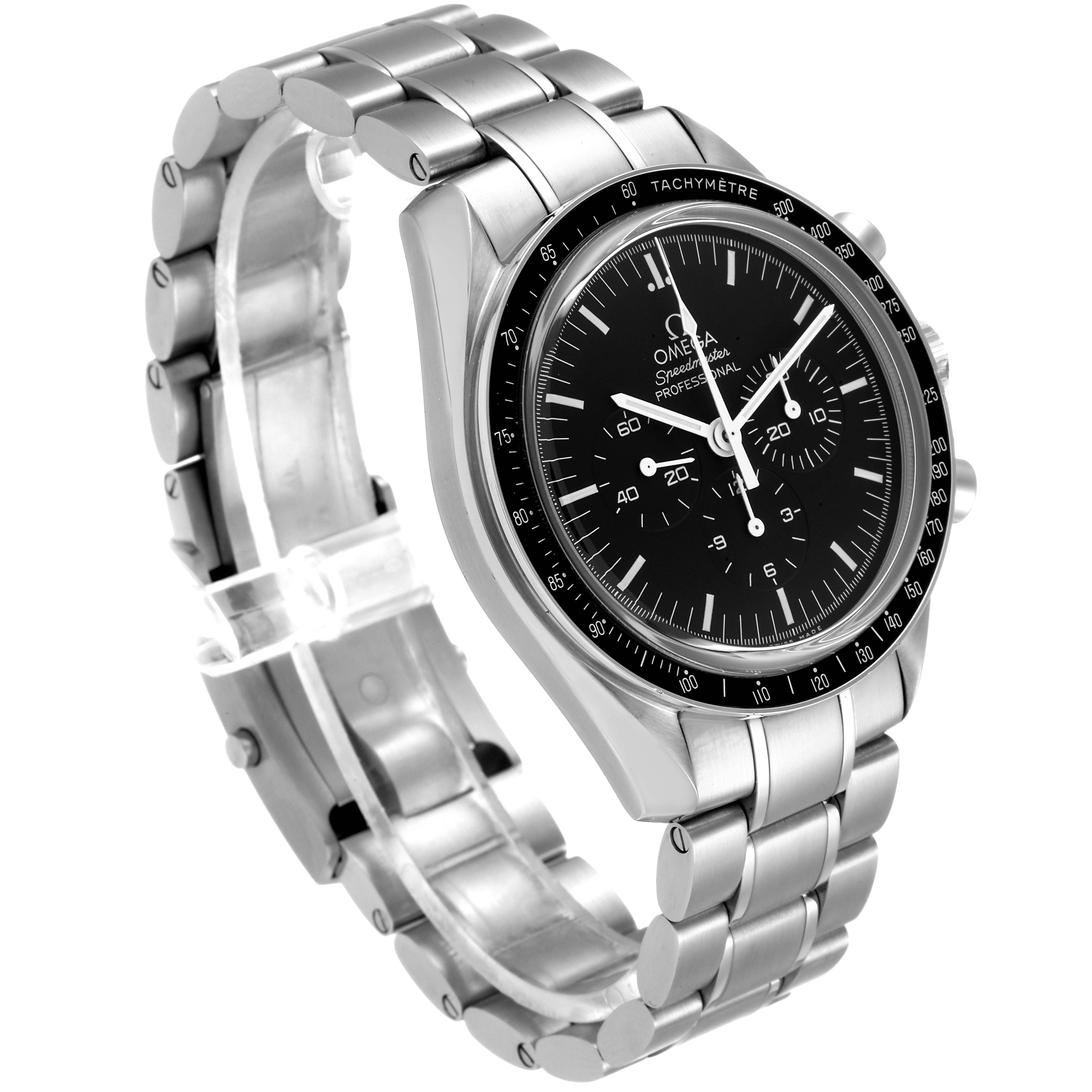 The Omega Speedmaster 311.30.42.30.01.006 Men
s Stainless Steel Black Dial 311.30.42.30.01.006 Men
s Stainless Steel Black Dial watch shown is angled from the front left, displaying the face, bezel, and part of the bracelet.