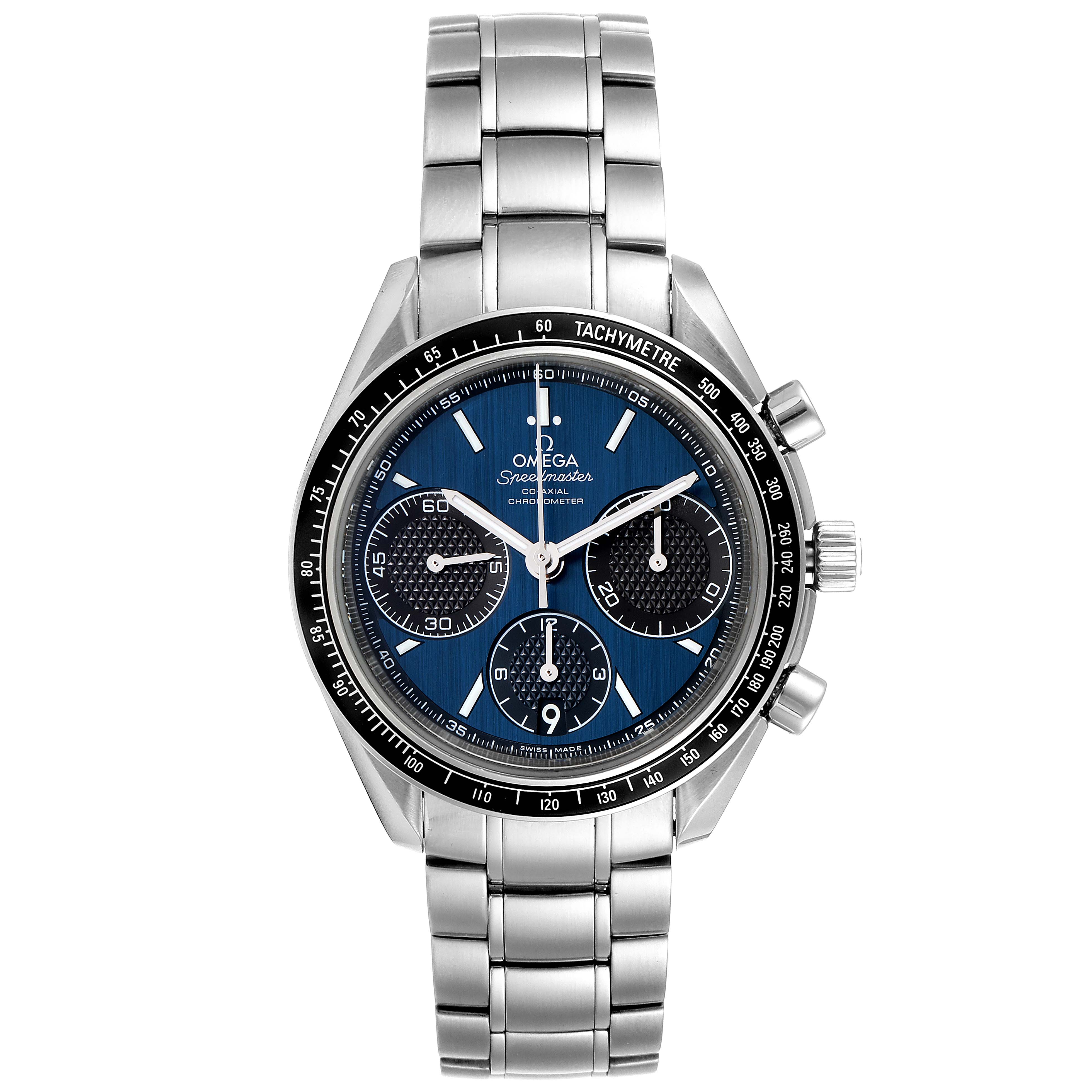 The image shows a frontal view of an Omega Speedmaster 326.30.40.50.03.001 Men
s Stainless Steel Blue Dial 326.30.40.50.03.001 Men
s Stainless Steel Blue Dial watch with a blue dial and a stainless steel bracelet.