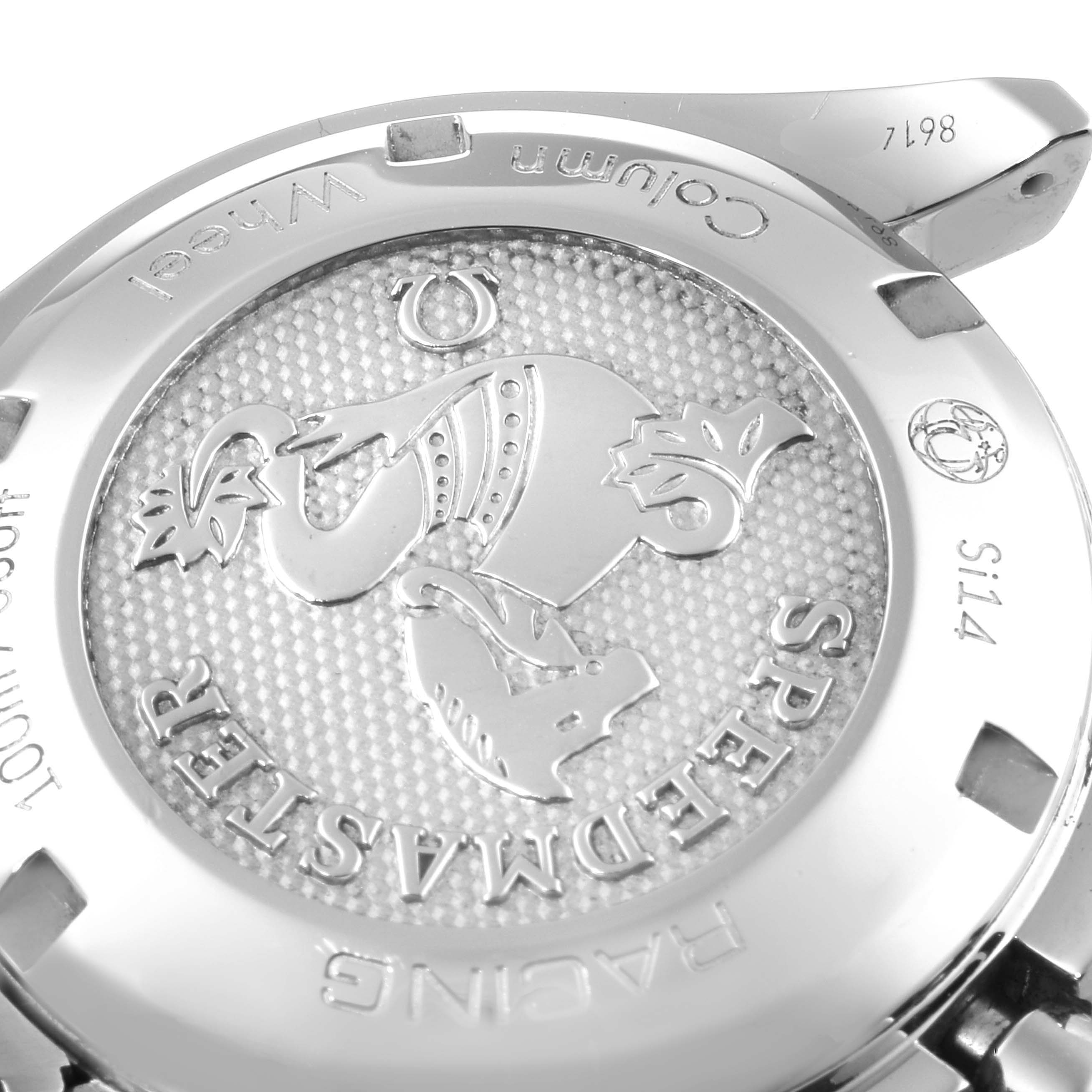 This image shows the case back of an Omega Speedmaster 326.30.40.50.03.001 Men
s Stainless Steel Blue Dial 326.30.40.50.03.001 Men
s Stainless Steel Blue Dial watch, featuring its engraved logo and various inscriptions.