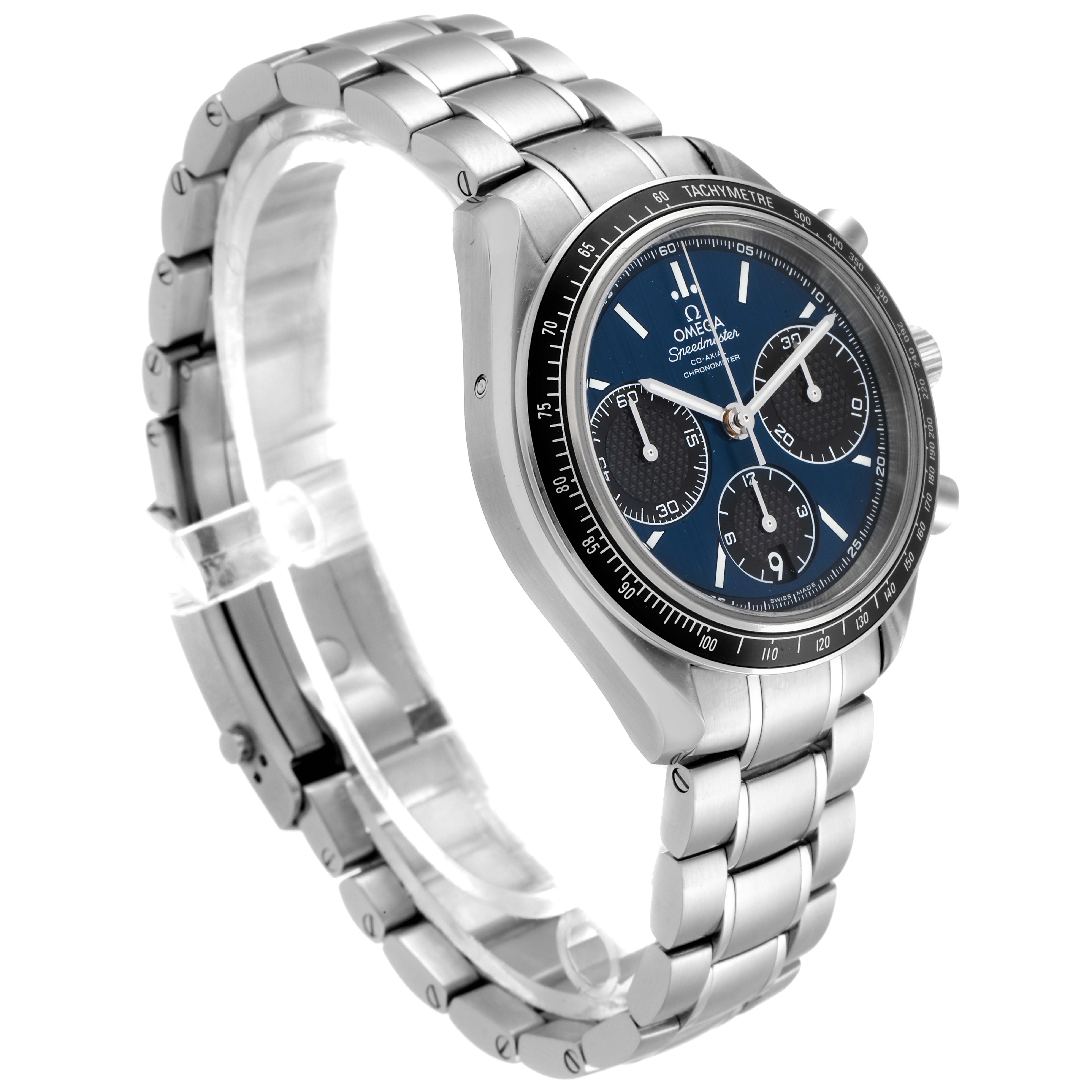 The image shows a side view of the Omega Speedmaster 326.30.40.50.03.001 Men
s Stainless Steel Blue Dial 326.30.40.50.03.001 Men
s Stainless Steel Blue Dial watch, displaying the bracelet, bezel, dial, and chronograph sub-dials.