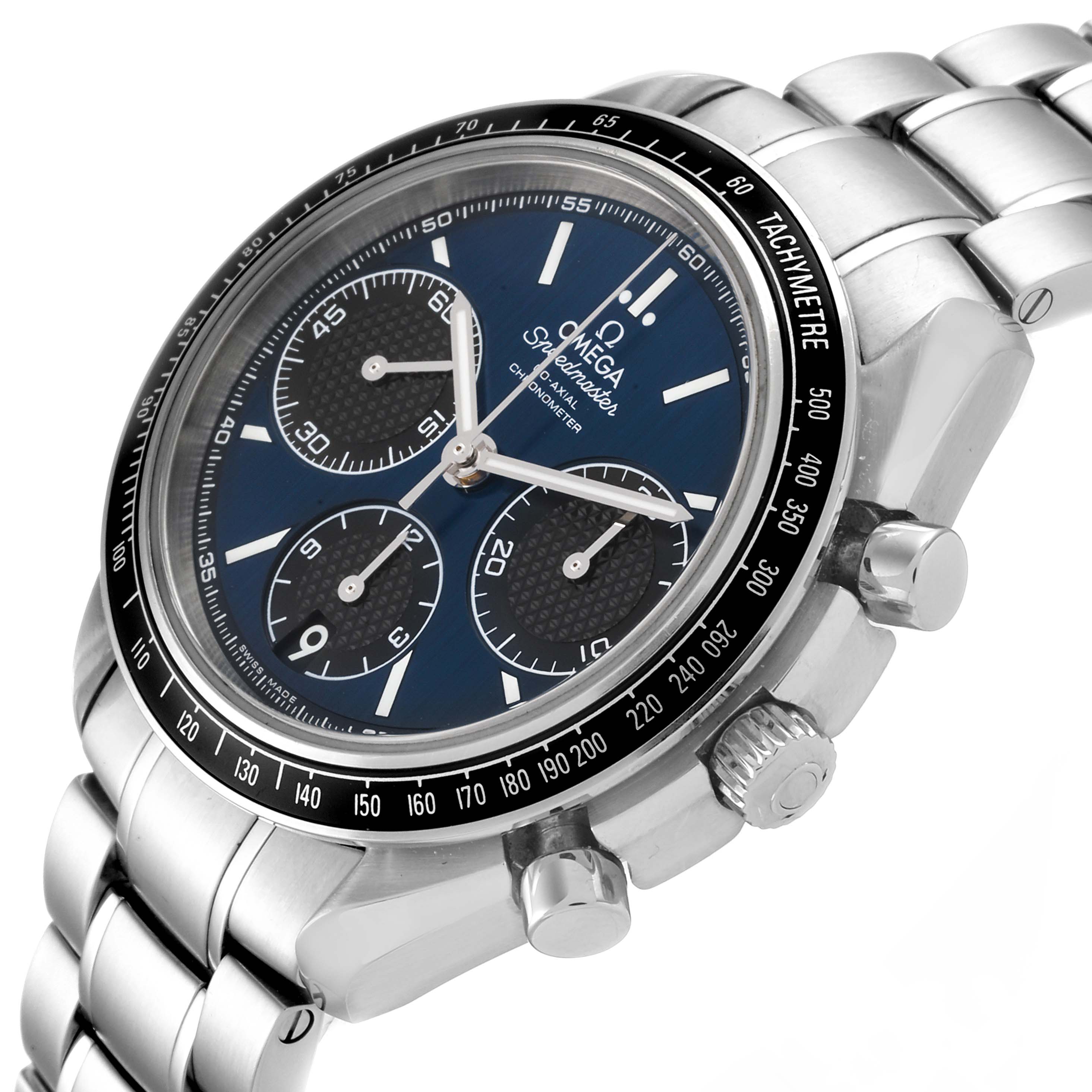 The image shows an angled view of an Omega Speedmaster 326.30.40.50.03.001 Men
s Stainless Steel Blue Dial 326.30.40.50.03.001 Men
s Stainless Steel Blue Dial watch, highlighting its dial, bezels, subdials, and metal bracelet.