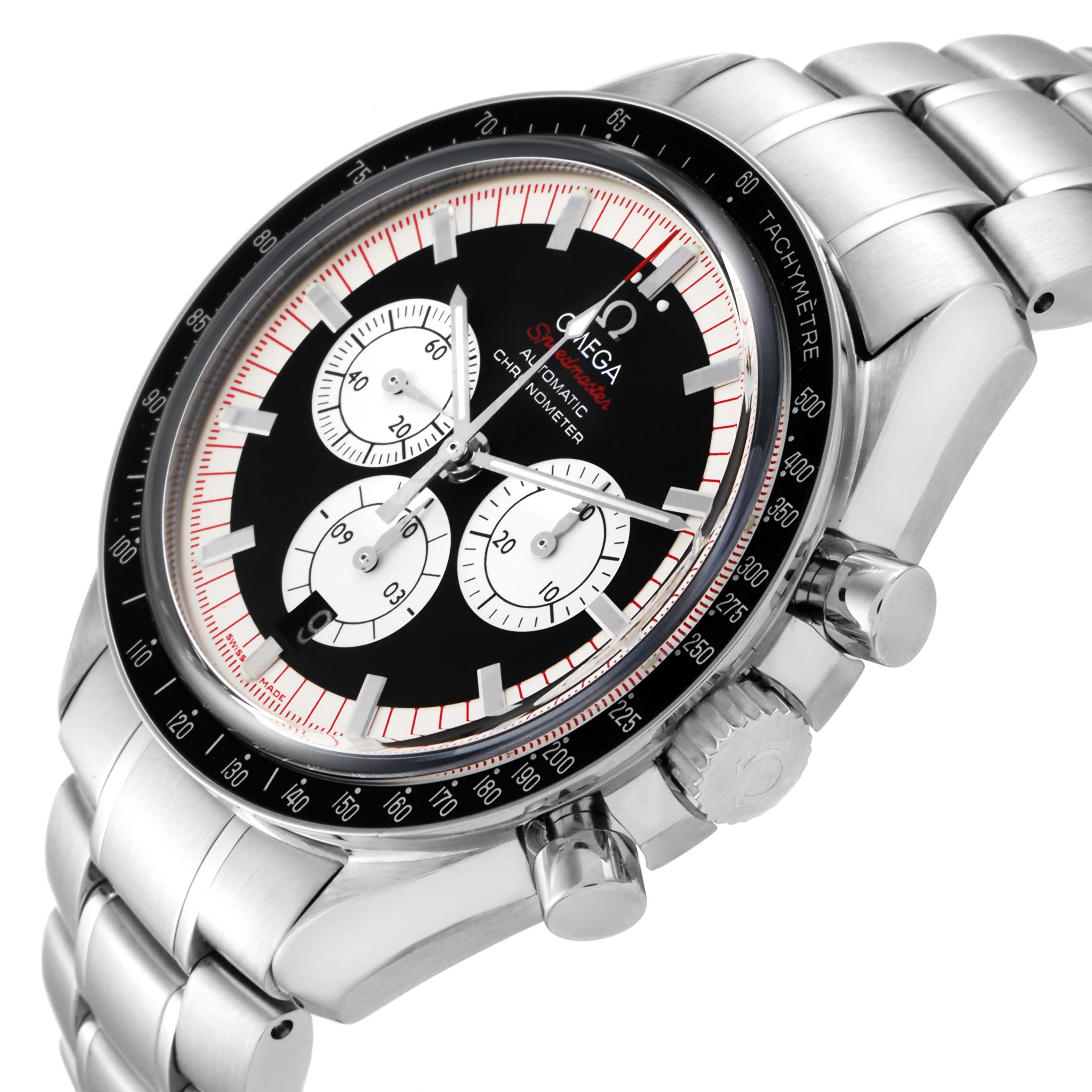 This Omega Speedmaster 3507.51.00 Men
s Stainless Steel Black Dial 3507.51.00 Men
s Stainless Steel Black Dial watch is shown at a three-quarter angle, displaying the face, crown, pushers, and metal bracelet.