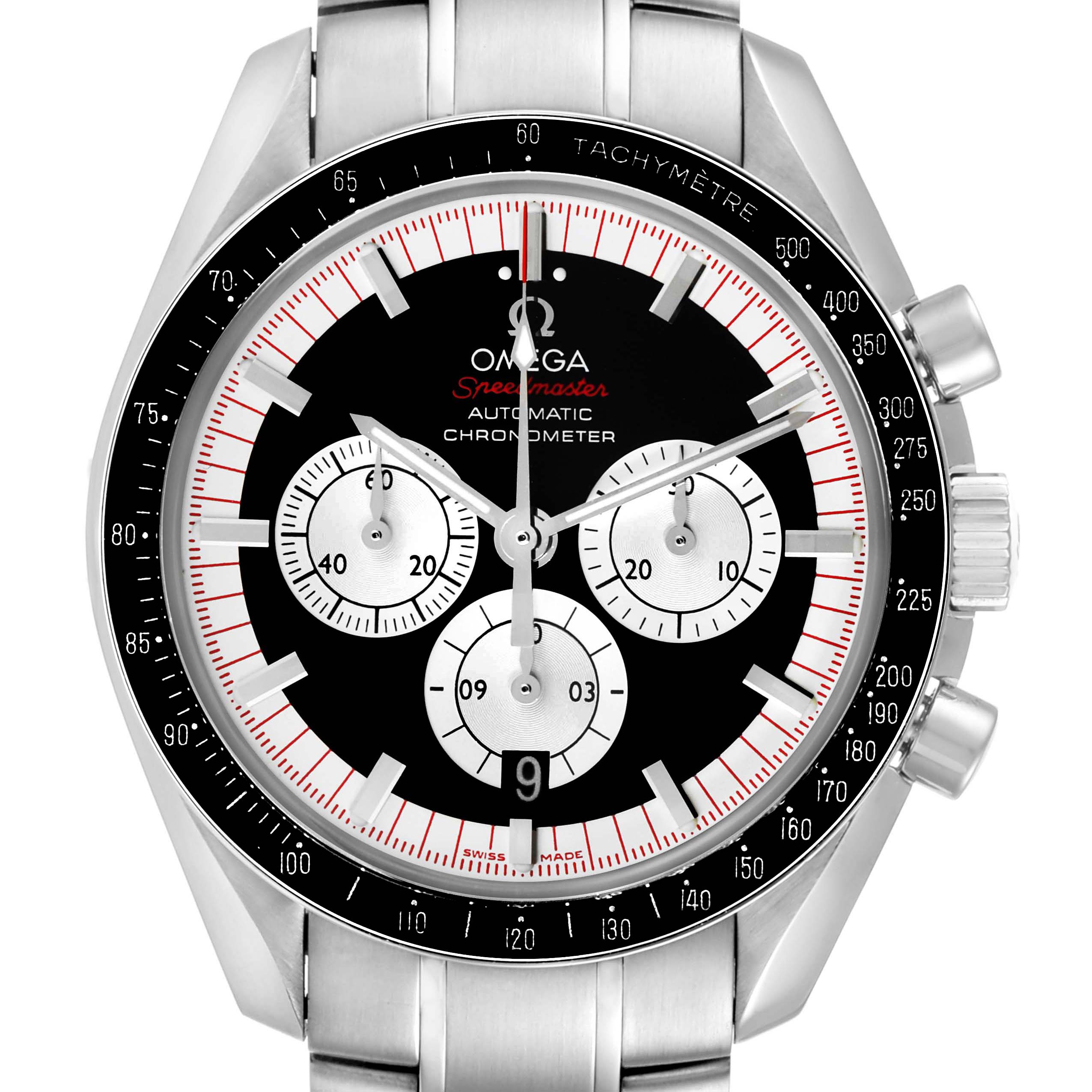 The image shows a front view of the Omega Speedmaster 3507.51.00 Men
s Stainless Steel Black Dial 3507.51.00 Men
s Stainless Steel Black Dial watch, displaying its dial, subdials, tachymeter bezel, and part of the bracelet.