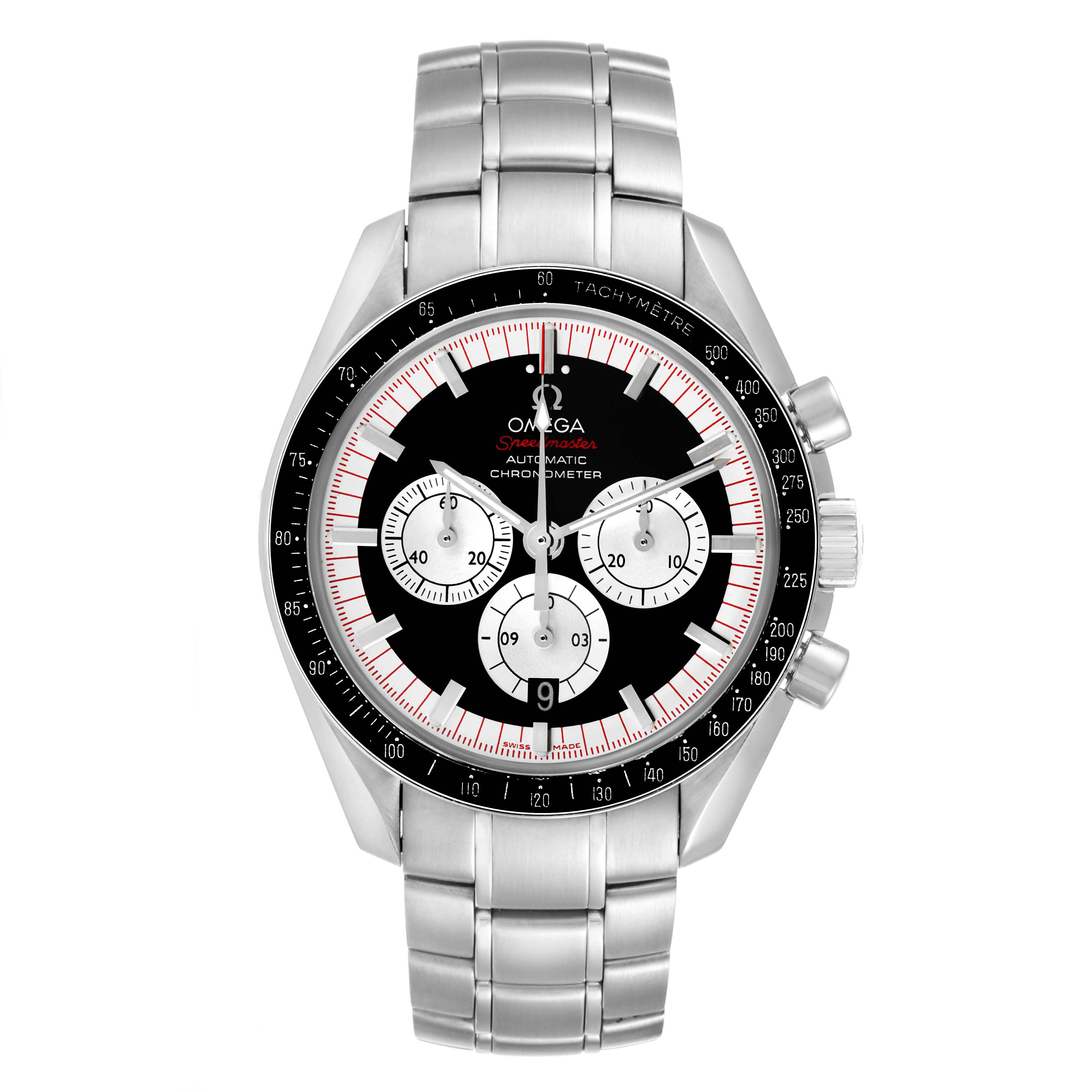 The watch is an Omega Speedmaster 3507.51.00 Men
s Stainless Steel Black Dial 3507.51.00 Men
s Stainless Steel Black Dial, shown from the front angle, featuring a stainless steel bracelet and chronograph dials.