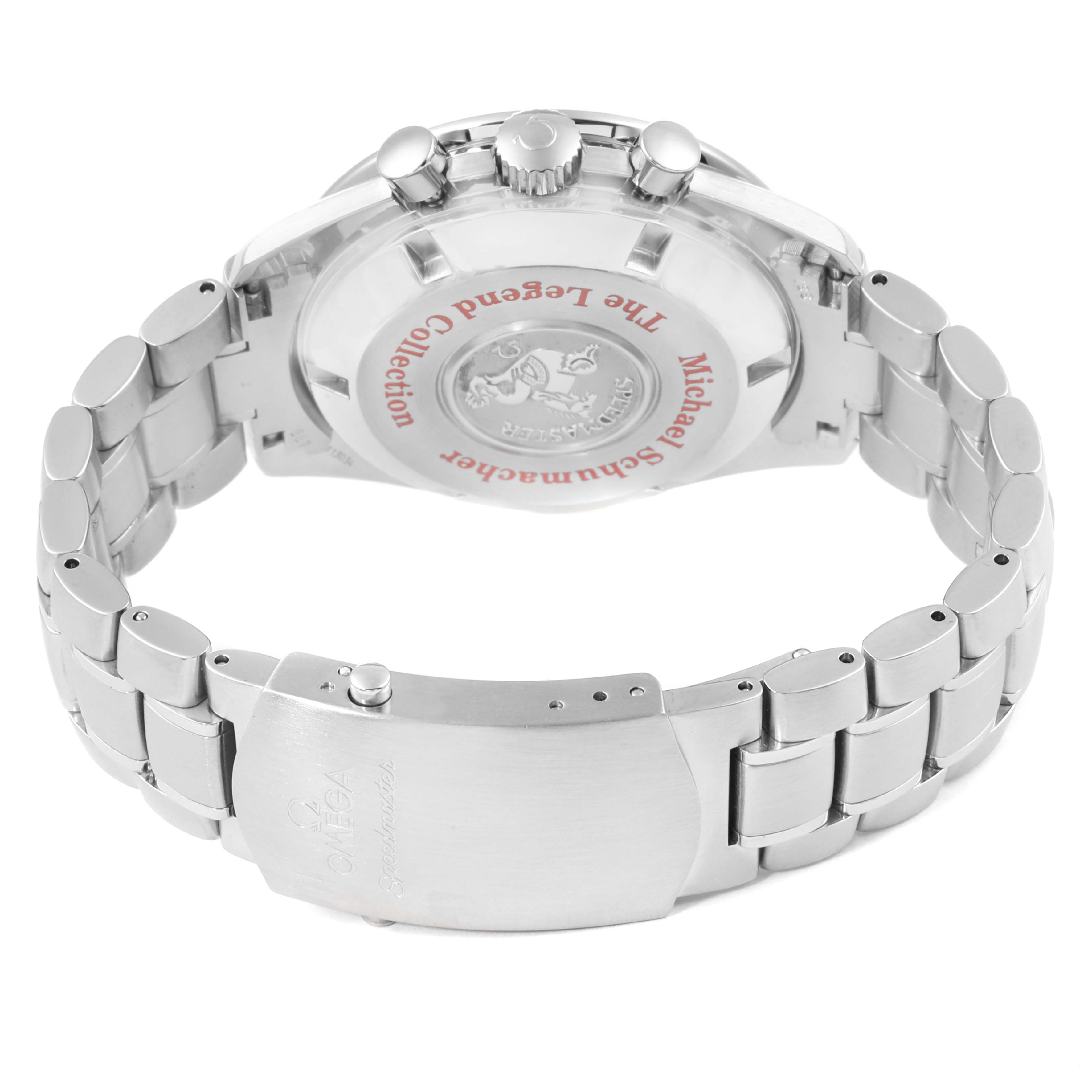 The image shows the back and clasp of an Omega Speedmaster 3507.51.00 Men
s Stainless Steel Black Dial 3507.51.00 Men
s Stainless Steel Black Dial watch, highlighting its stainless steel bracelet and engraved case back.