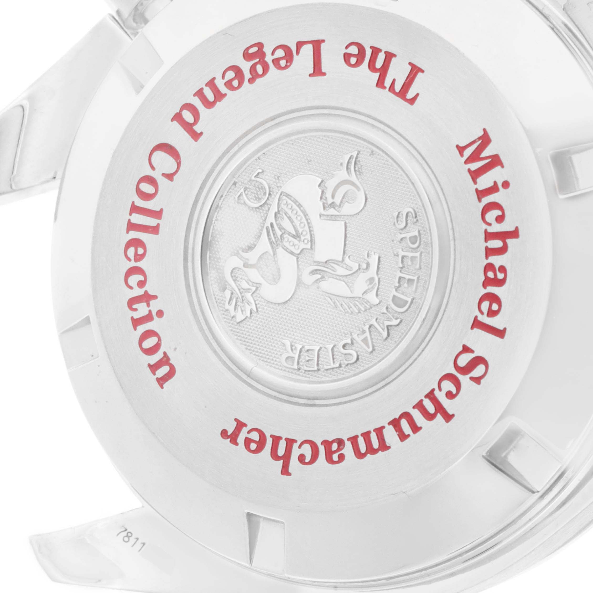 This image shows the engraved case back of an Omega Speedmaster 3507.51.00 Men
s Stainless Steel Black Dial 3507.51.00 Men
s Stainless Steel Black Dial watch from a rear angle.