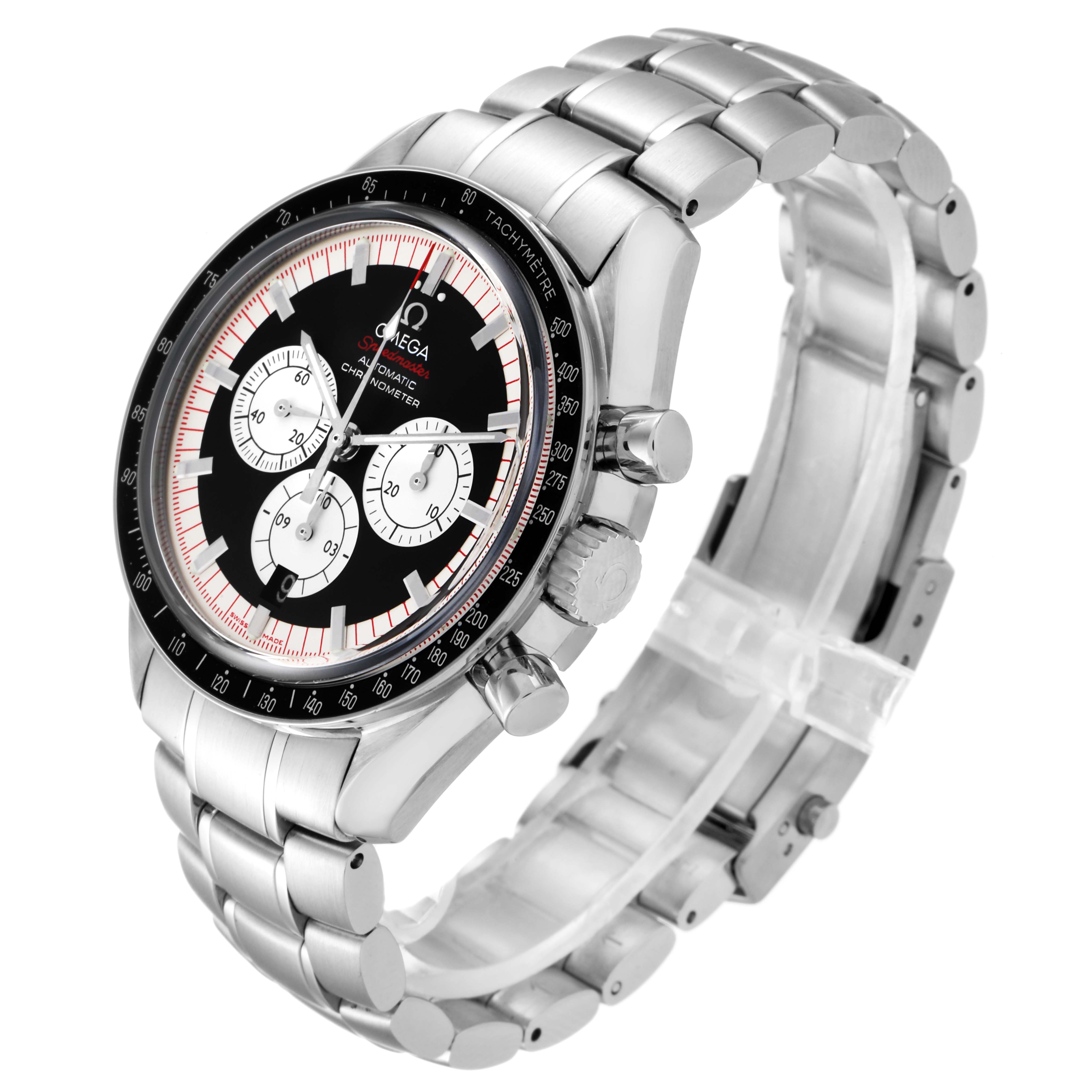 The Omega Speedmaster 3507.51.00 Men
s Stainless Steel Black Dial 3507.51.00 Men
s Stainless Steel Black Dial watch is shown from an angled side view, highlighting its face, bezel, and stainless steel bracelet.