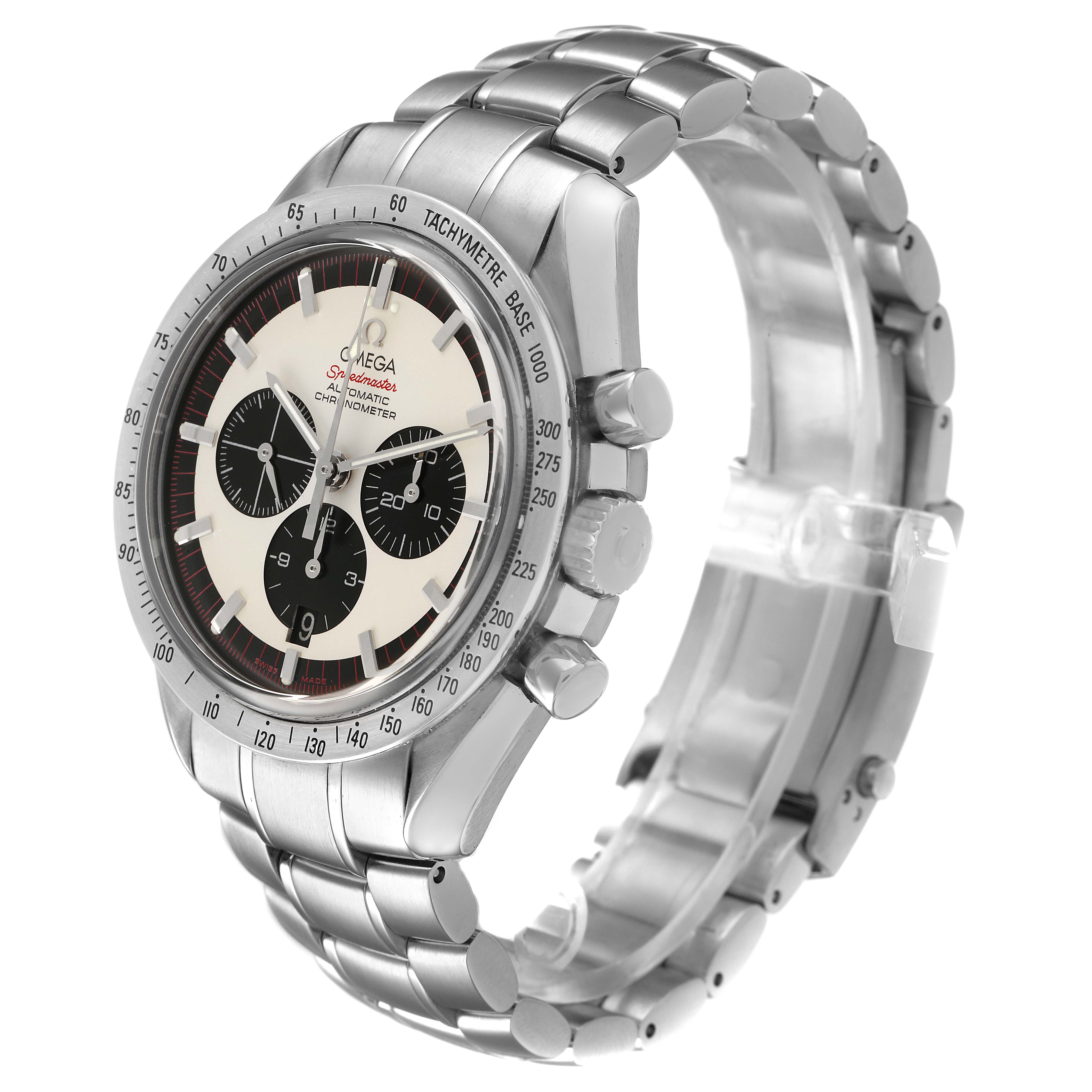 The Omega Speedmaster 3559.32.00 Men's Stainless Steel White Dial watch is shown from a 3/4 angle, displaying the dial, tachymeter bezel, crown, and stainless steel bracelet.