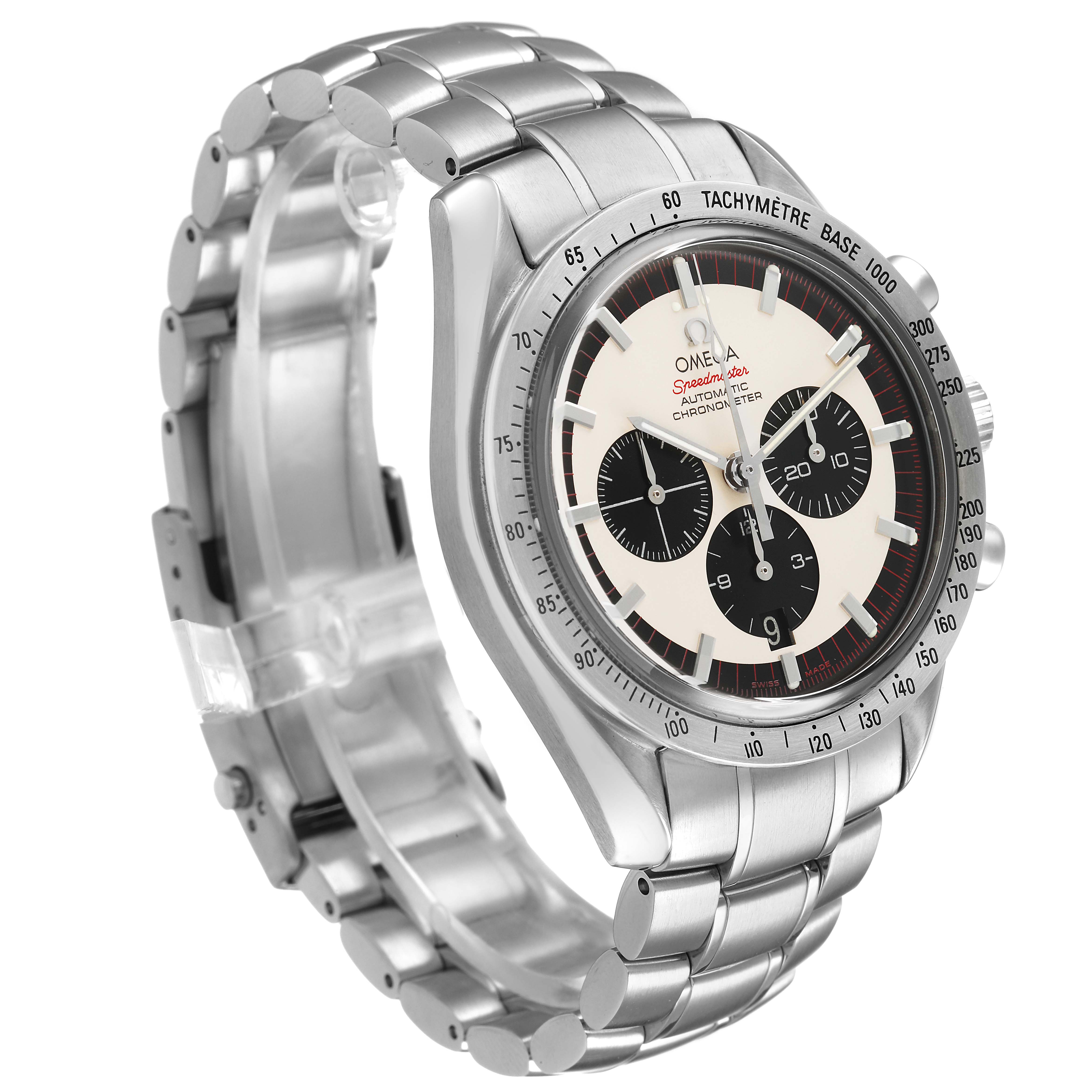 The image shows an Omega Speedmaster 3559.32.00 Men's Stainless Steel White Dial watch at a three-quarter angle, highlighting its dial, bezel, and metal bracelet.