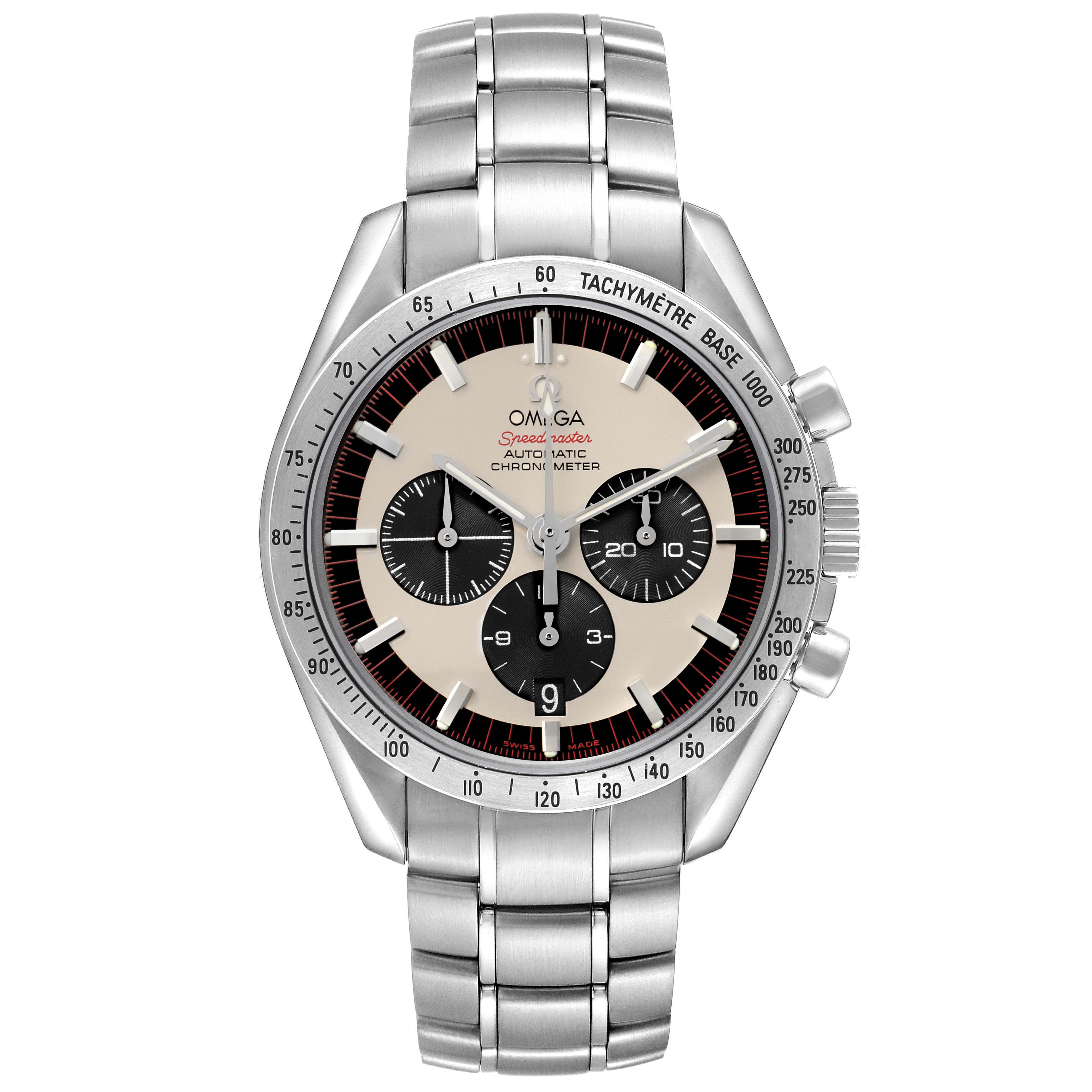 The Omega Speedmaster 3559.32.00 Men's Stainless Steel White Dial watch is shown from the front, displaying the dial, bezel, sub-dials, and stainless steel bracelet.