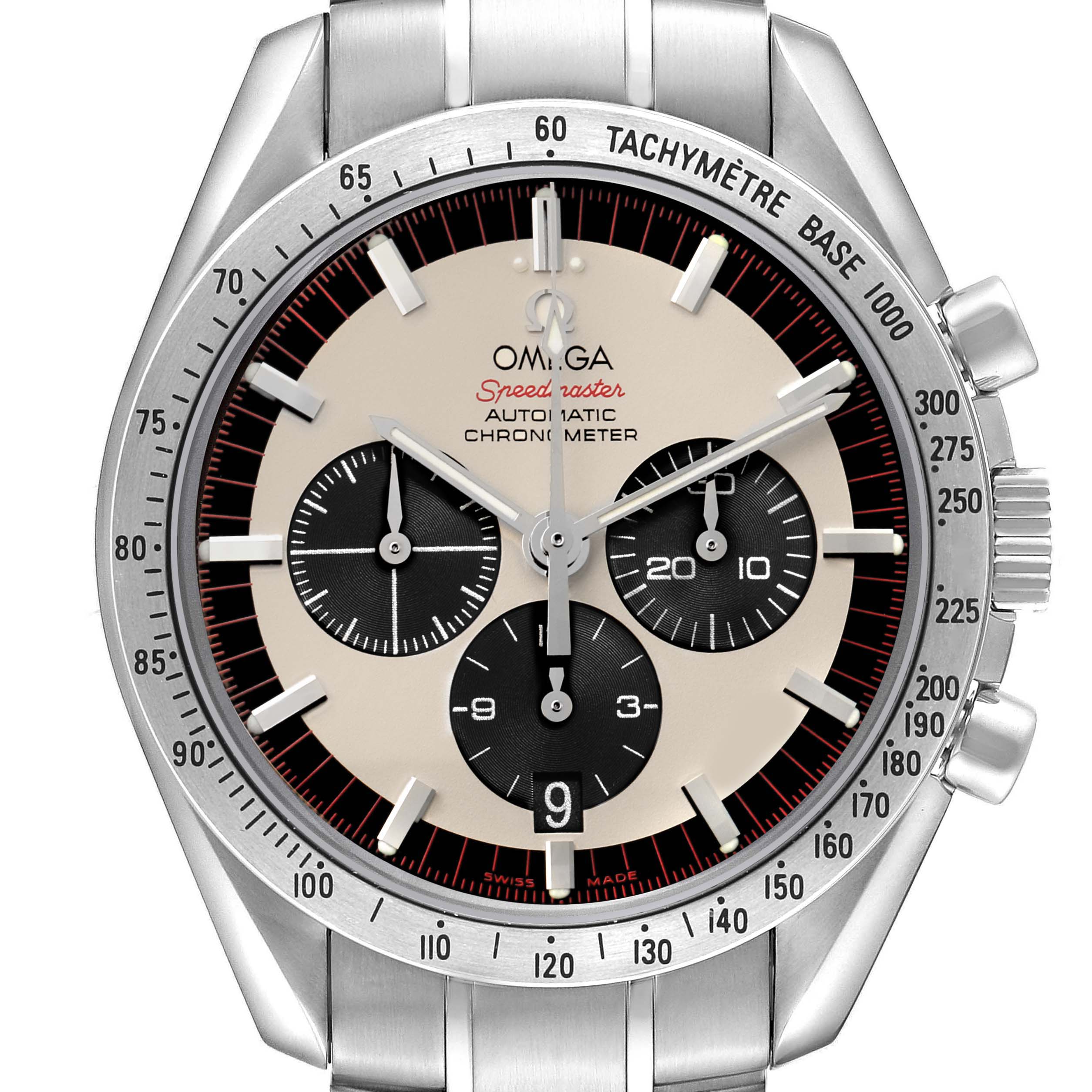 The Omega Speedmaster 3559.32.00 Men's Stainless Steel White Dial watch is shown from the front, highlighting the dial, tachymeter bezel, and chronograph subdials.