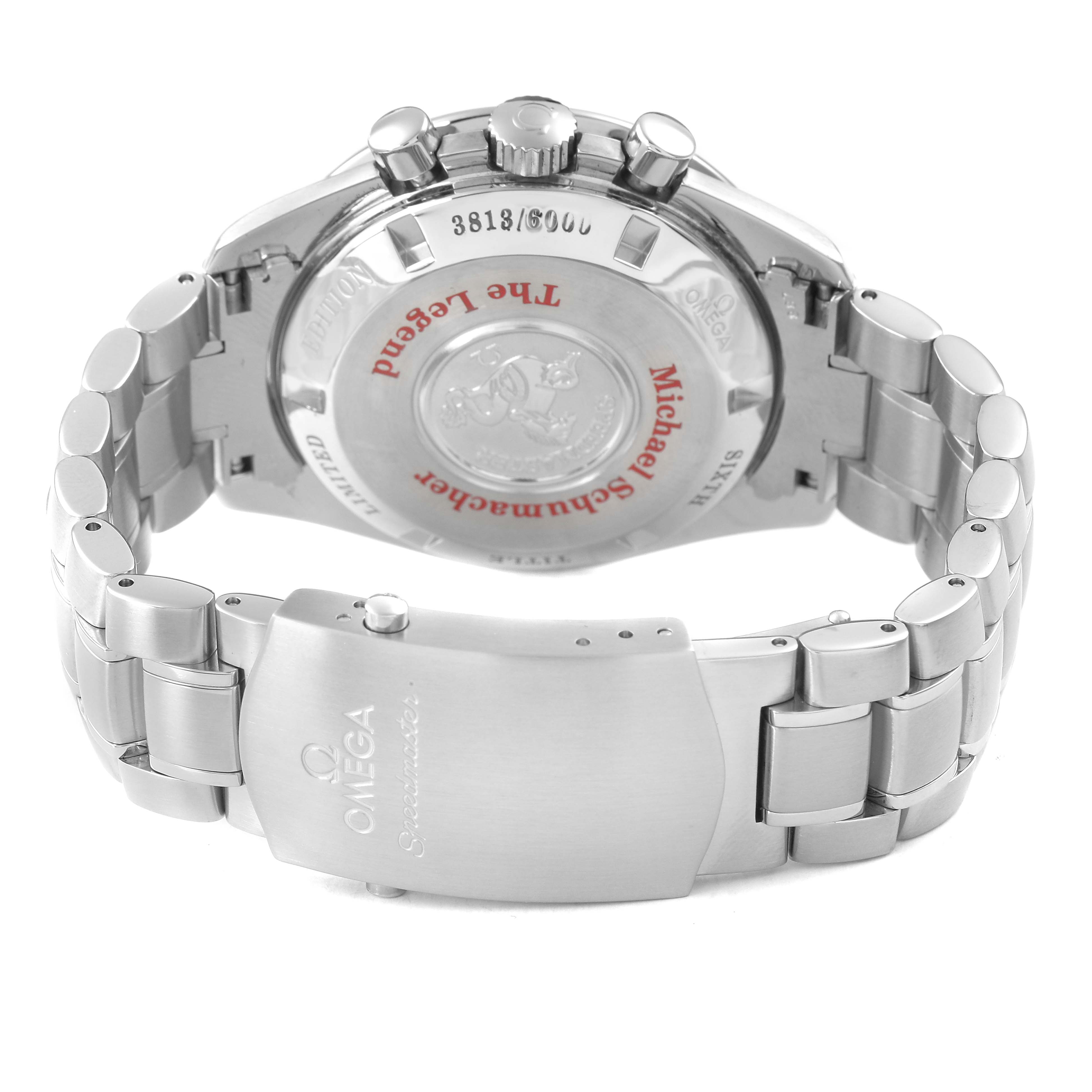 The image shows the back of an Omega Speedmaster 3559.32.00 Men's Stainless Steel White Dial watch, highlighting its clasp, bracelet, and case back.