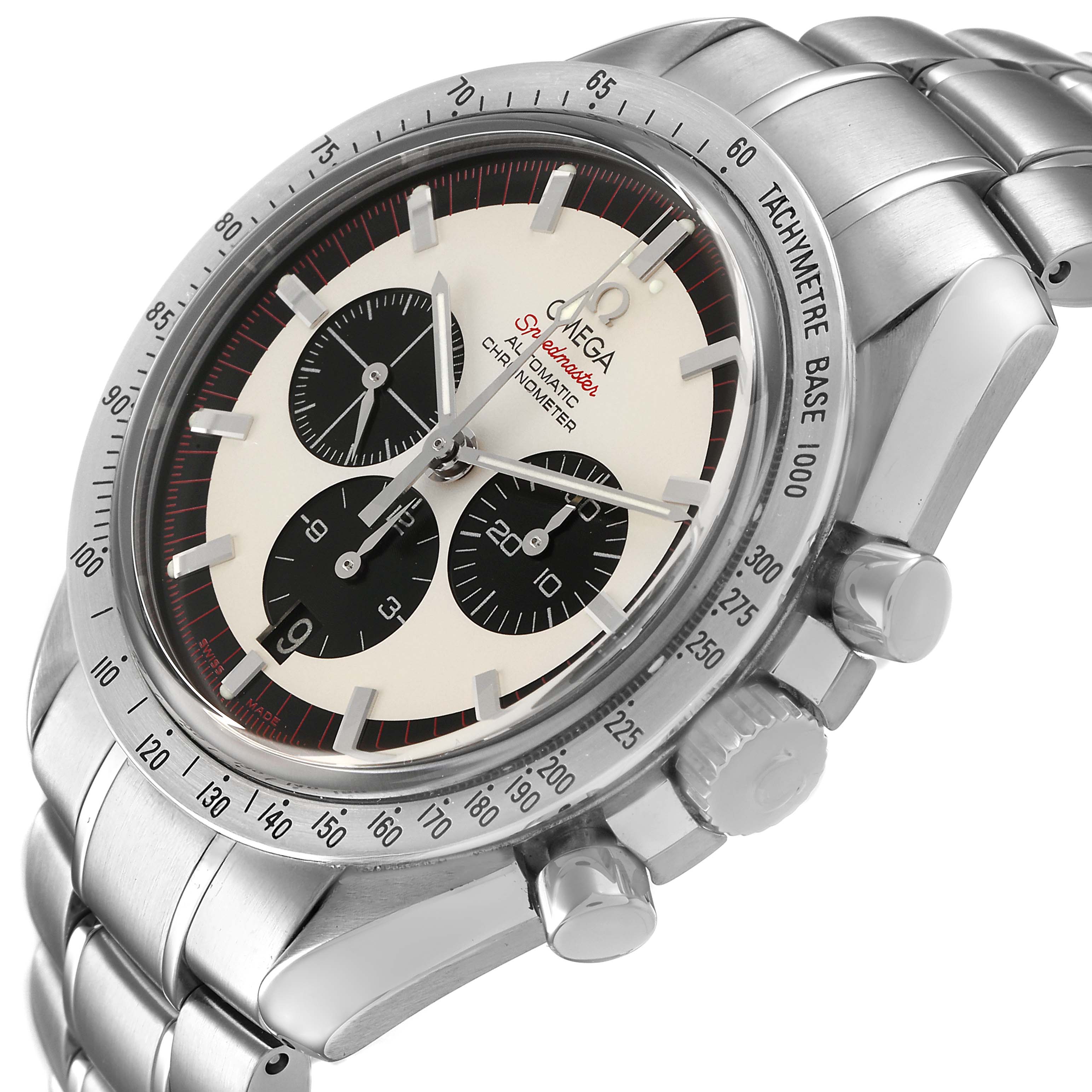 The Omega Speedmaster 3559.32.00 Men's Stainless Steel White Dial is shown at an angled view, highlighting the bezel, dial, pushers, and bracelet.