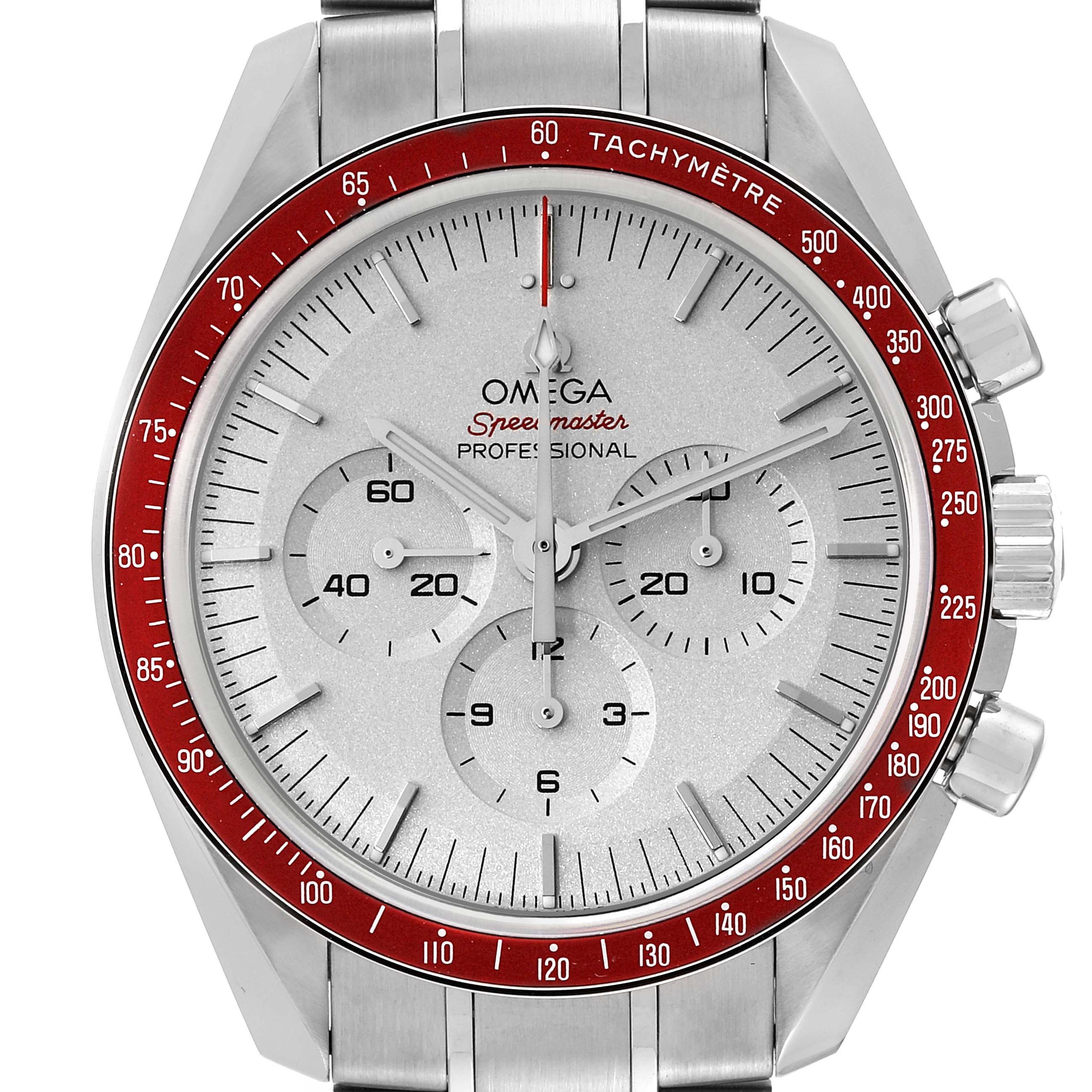 This image shows a frontal view of the Omega Speedmaster 522.30.42.30.06.001 Men
s Stainless Steel Silver Dial 522.30.42.30.06.001 Men
s Stainless Steel Silver Dial watch with its dial, hands, subdials, and tachymeter bezel.