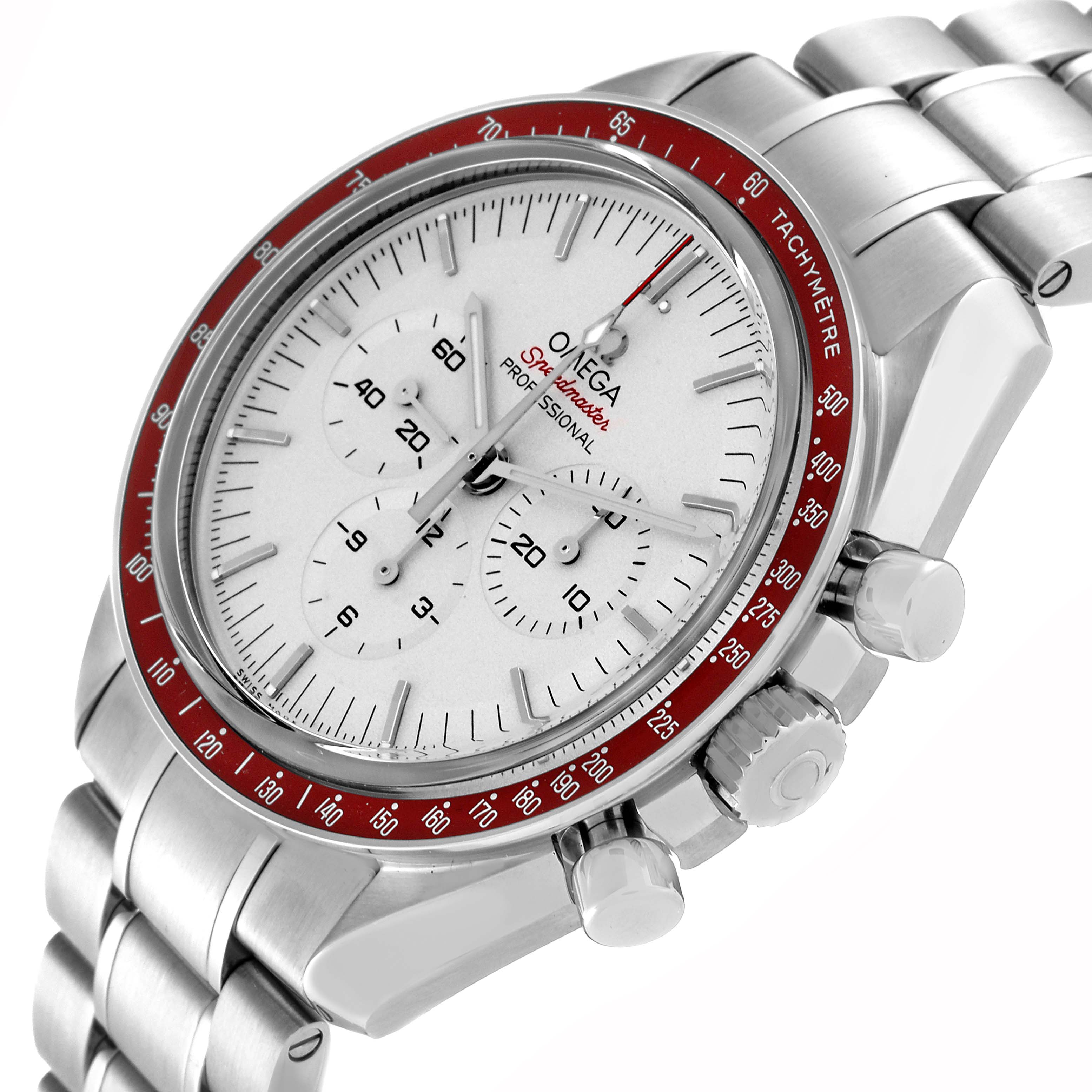 The image shows a side angle of the Omega Speedmaster 522.30.42.30.06.001 Men
s Stainless Steel Silver Dial 522.30.42.30.06.001 Men
s Stainless Steel Silver Dial, highlighting the bezel, dial, crown, and pushers.