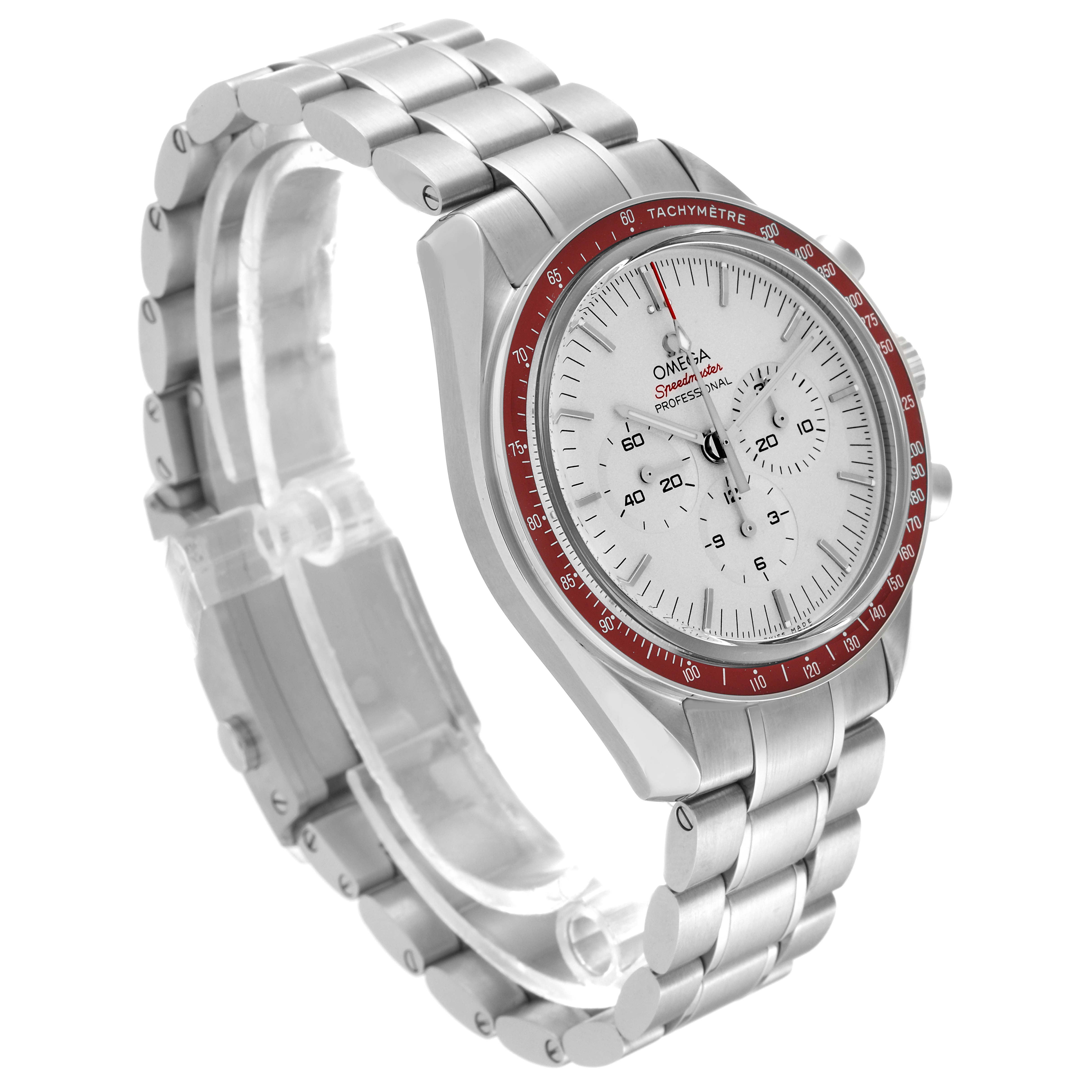 The Omega Speedmaster 522.30.42.30.06.001 Men
s Stainless Steel Silver Dial 522.30.42.30.06.001 Men
s Stainless Steel Silver Dial watch is shown at a three-quarter angle, displaying its face, bracelet, and tachymeter bezel.