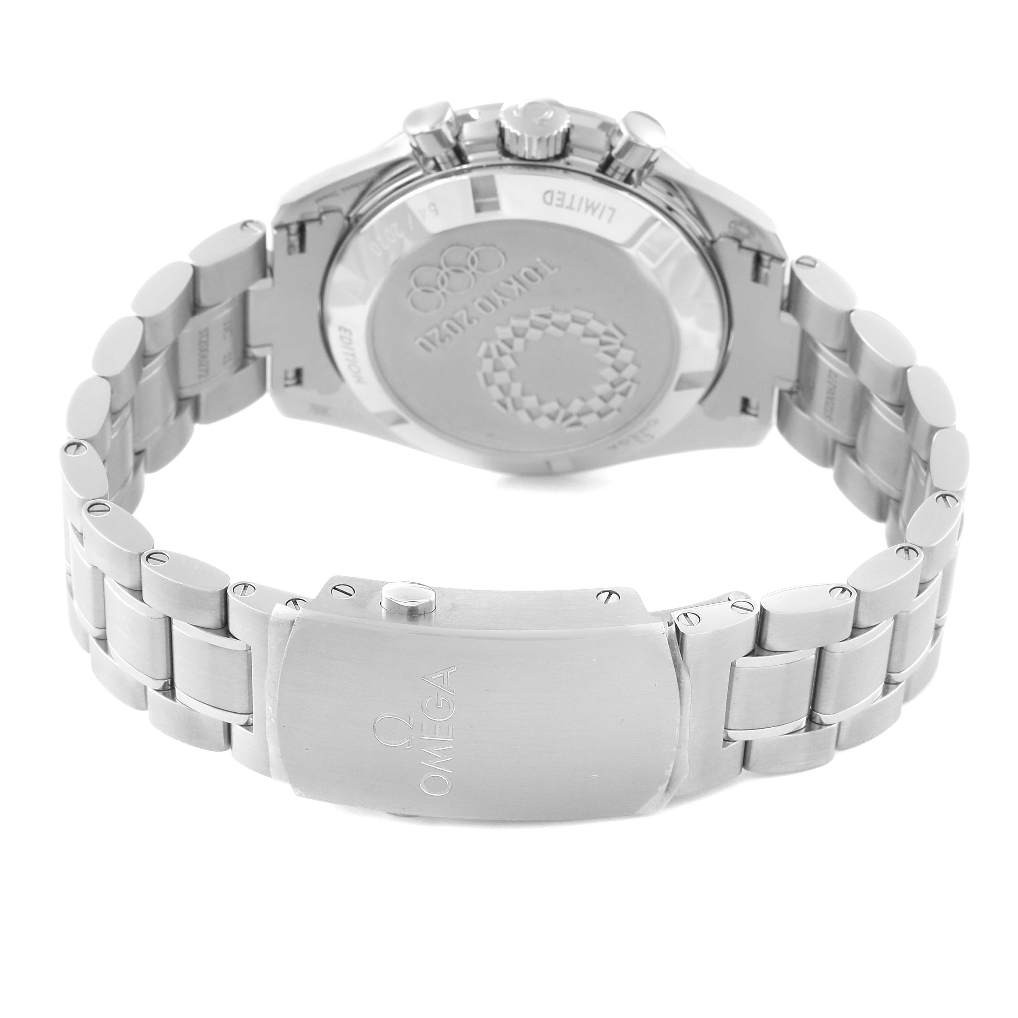 The image shows the back case and bracelet of an Omega Speedmaster 522.30.42.30.06.001 Men
s Stainless Steel Silver Dial 522.30.42.30.06.001 Men
s Stainless Steel Silver Dial watch, highlighting the clasp and case back engraving.