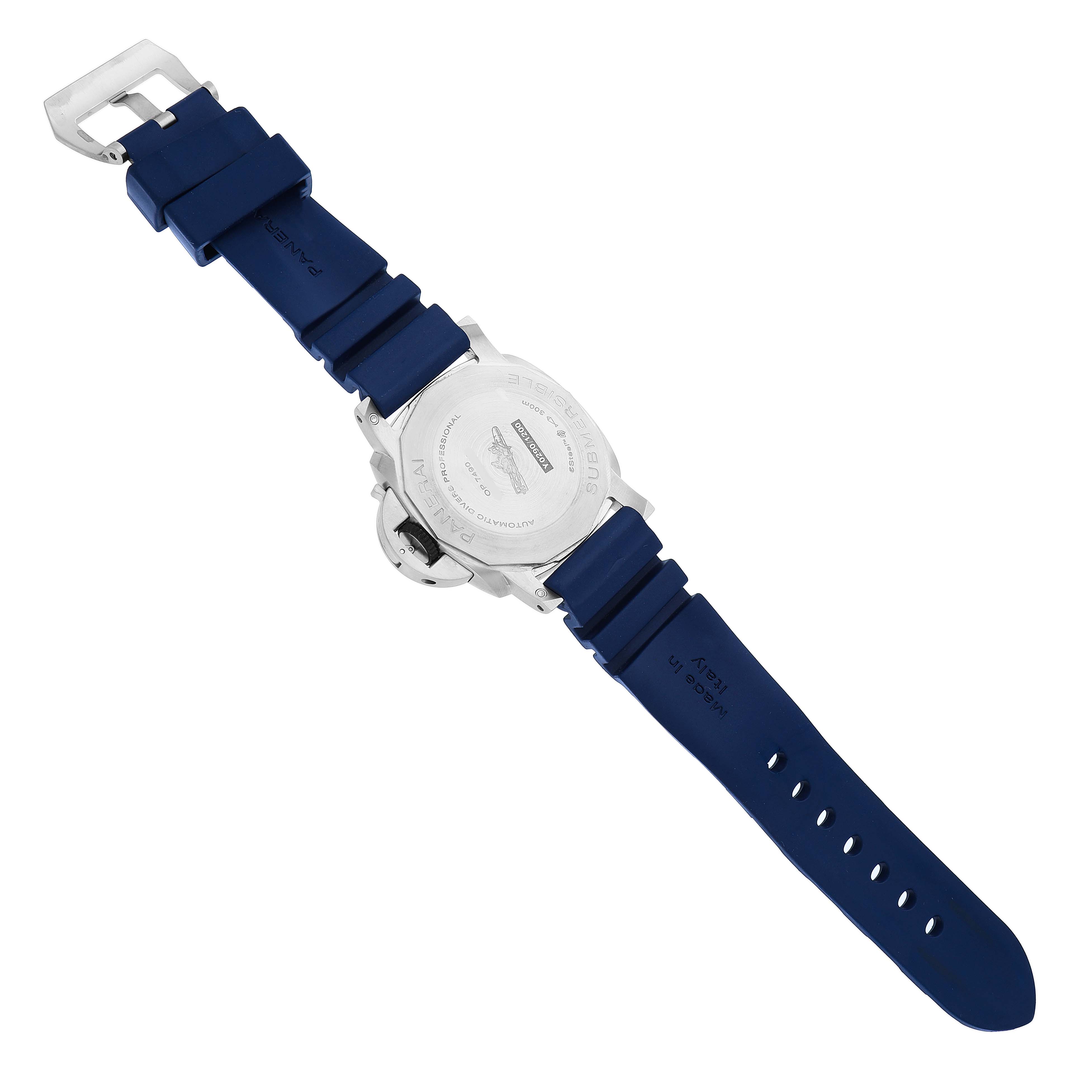 The image shows the back view of a Panerai Submersible PAM01289 Men's Stainless Steel Blue Dial watch, highlighting the case back and blue strap.