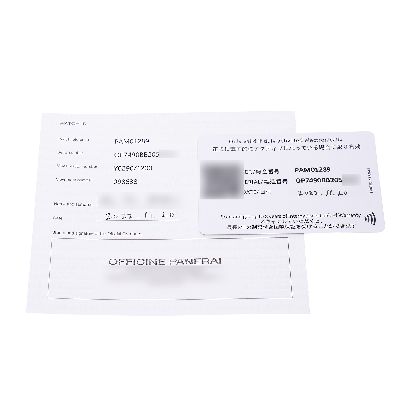 The image shows the warranty card and paperwork for the Panerai Submersible PAM01289 Men's Stainless Steel Blue Dial model, displaying reference and serial numbers.