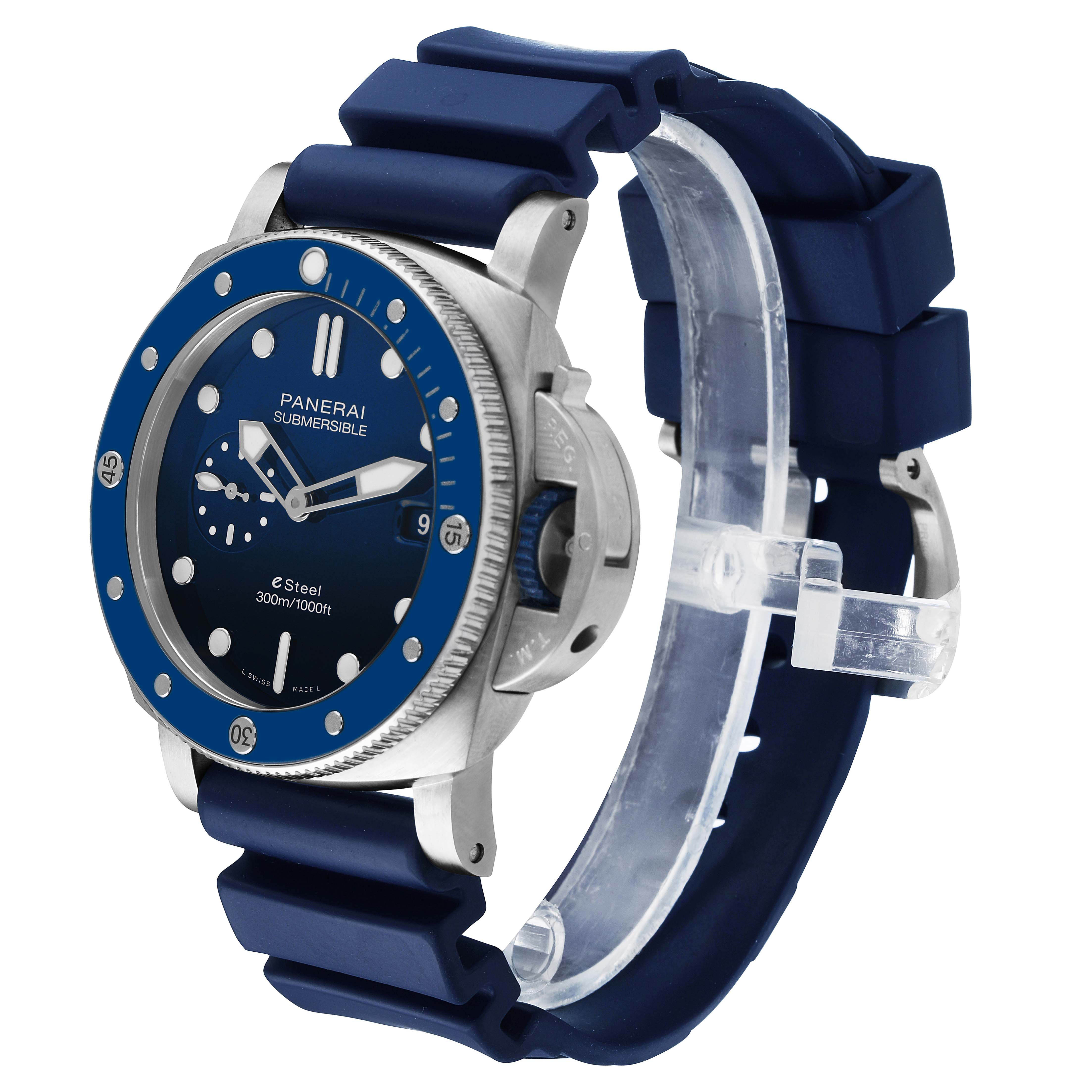 The Panerai Submersible PAM01289 Men's Stainless Steel Blue Dial watch is shown from a three-quarter angle, highlighting the face, bezel, and strap.