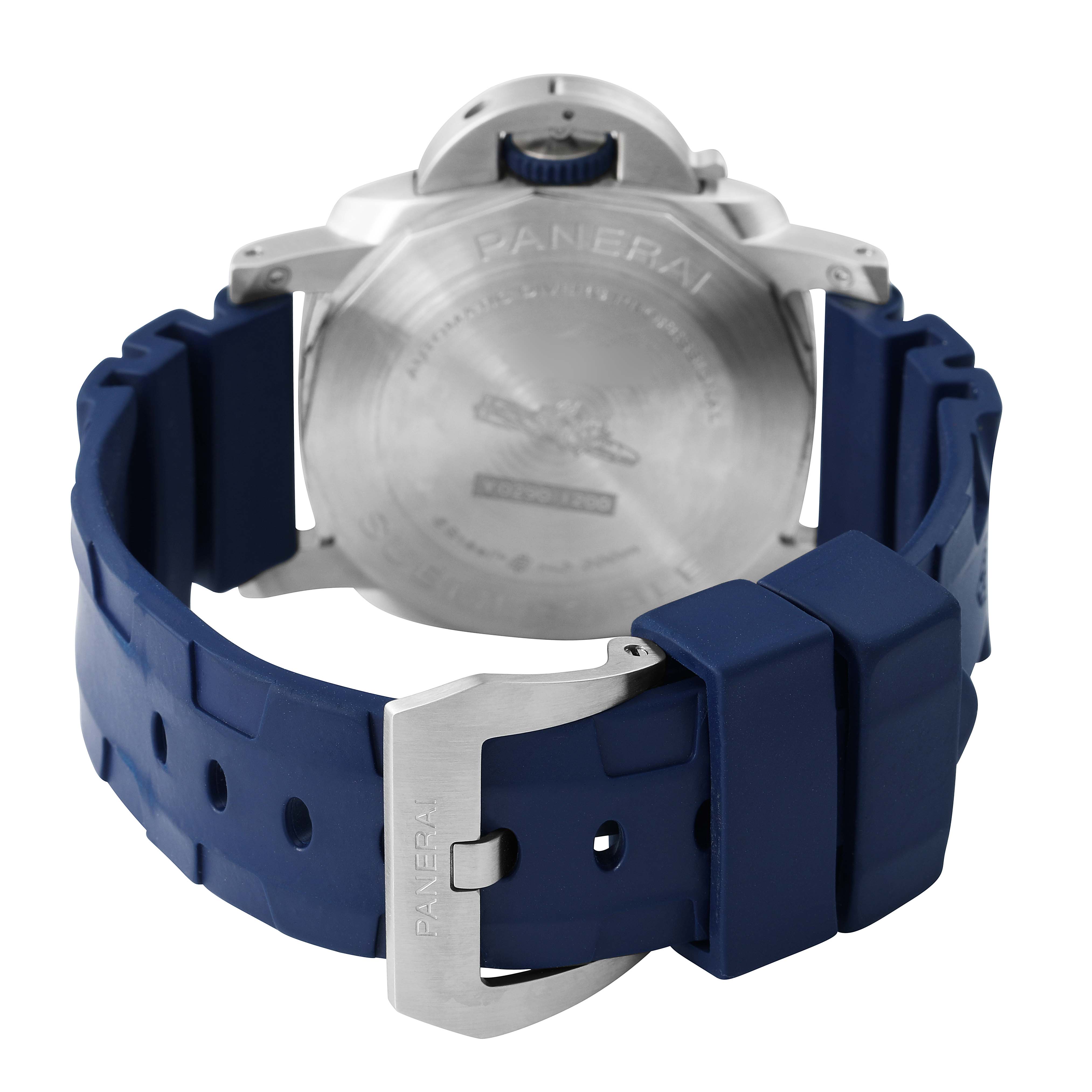 The image shows the back view of a Panerai Submersible PAM01289 Men's Stainless Steel Blue Dial watch, highlighting the case back and blue strap with the buckle.
