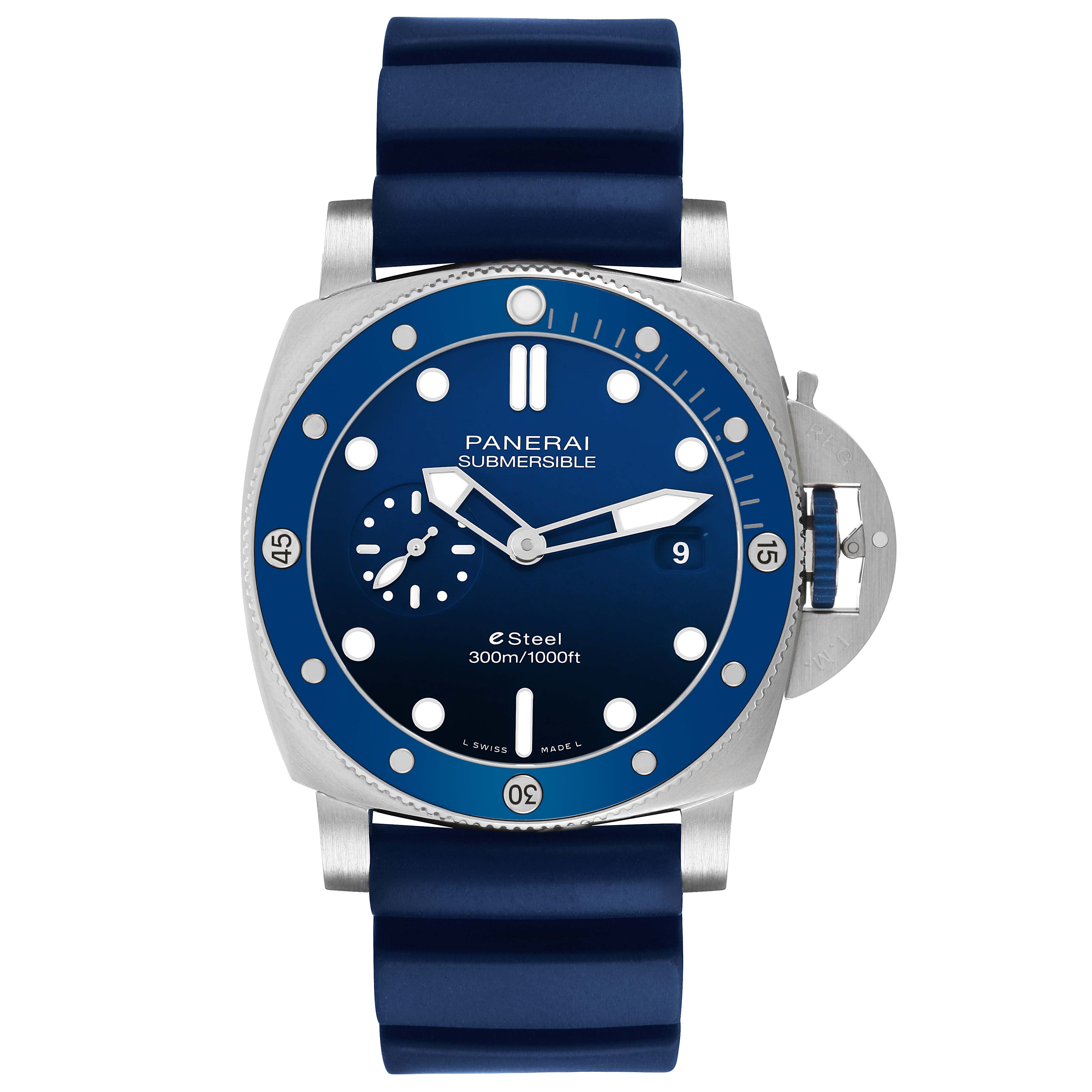 The image shows a front view of the Panerai Submersible PAM01289 Men's Stainless Steel Blue Dial watch, highlighting its dial, bezel, and strap.