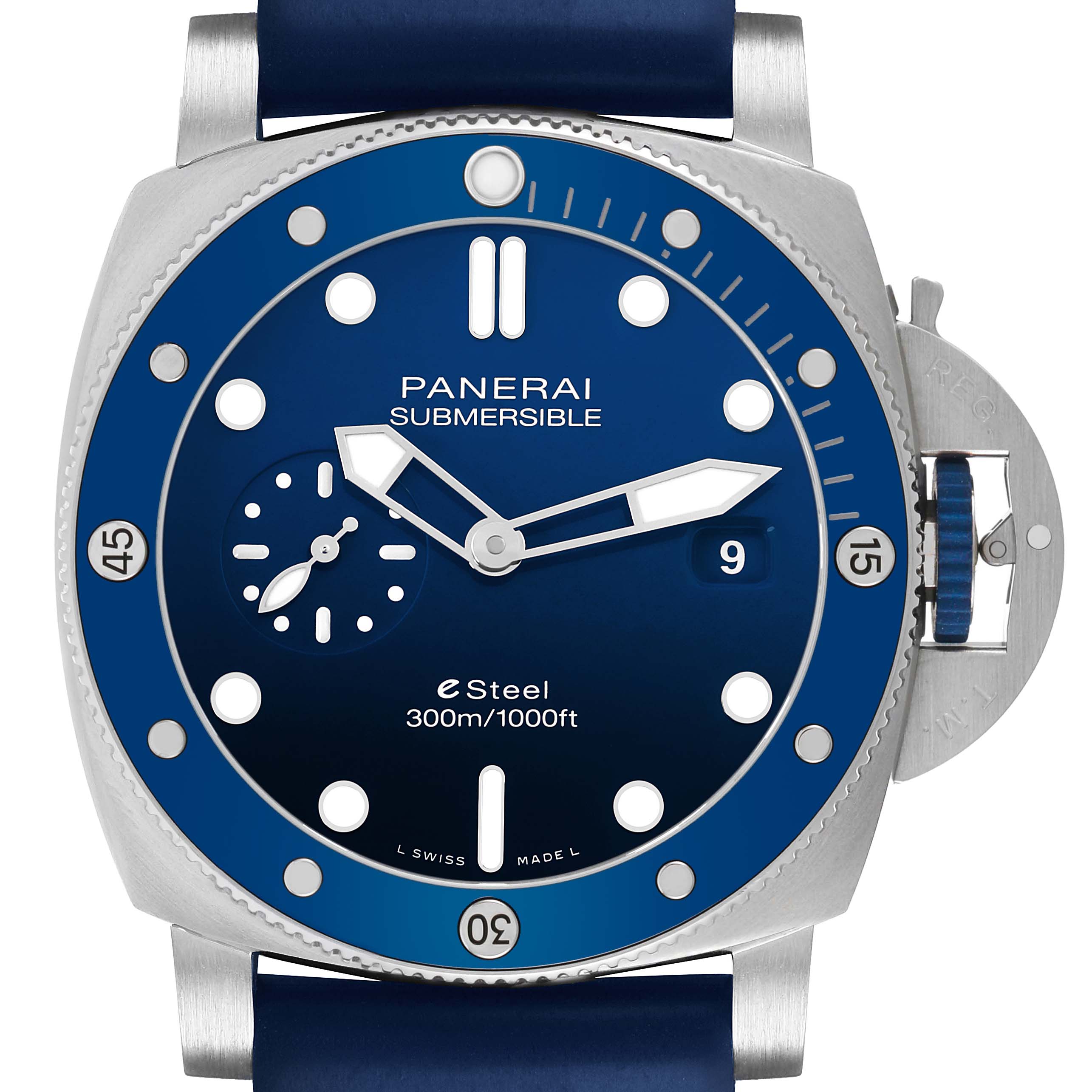 The Panerai Submersible PAM01289 Men's Stainless Steel Blue Dial watch is shown from the front, highlighting the blue dial, bezel, hands, and crown guard.