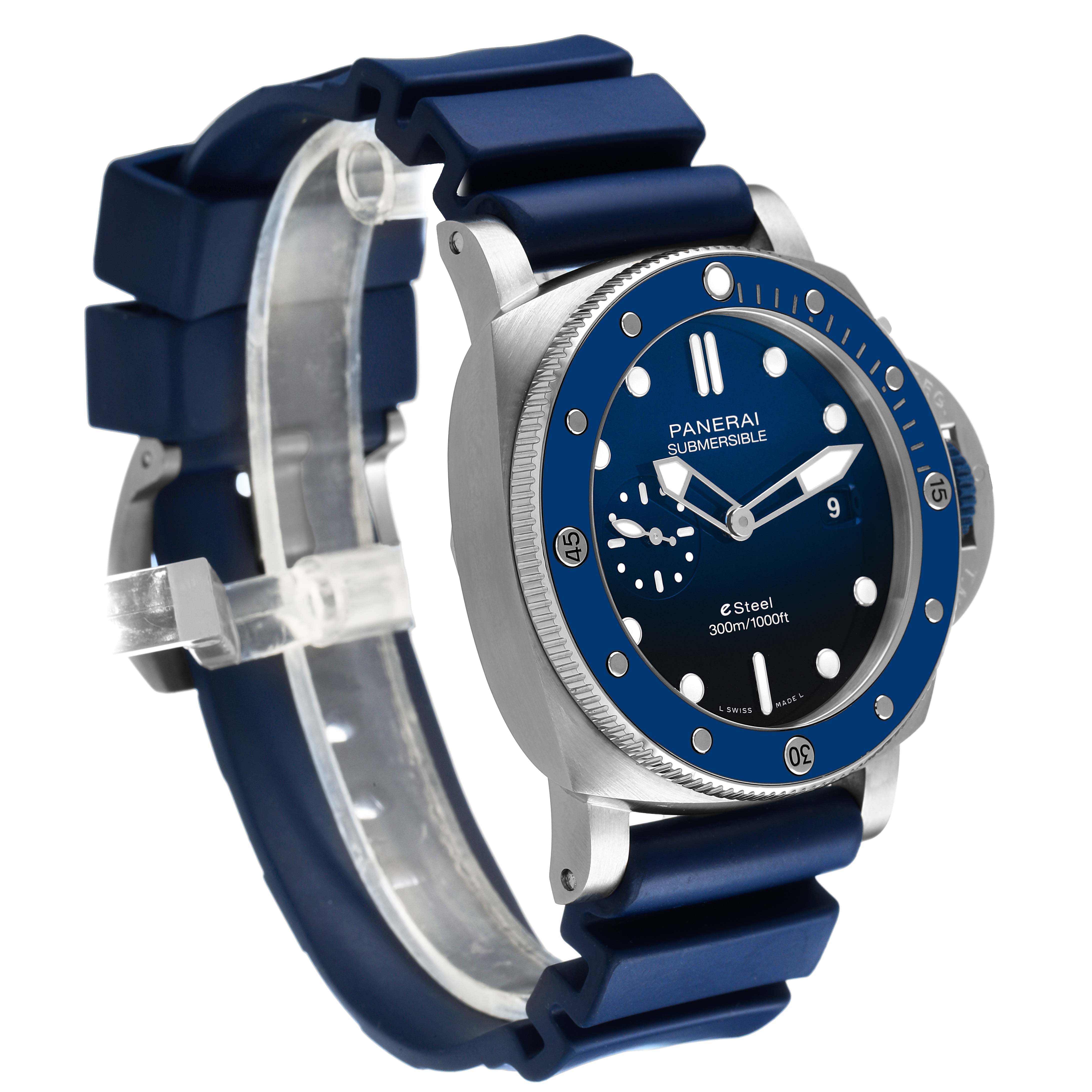 The Panerai Submersible PAM01289 Men's Stainless Steel Blue Dial watch is shown at a slight angle, highlighting the face, bezel, and blue rubber strap.