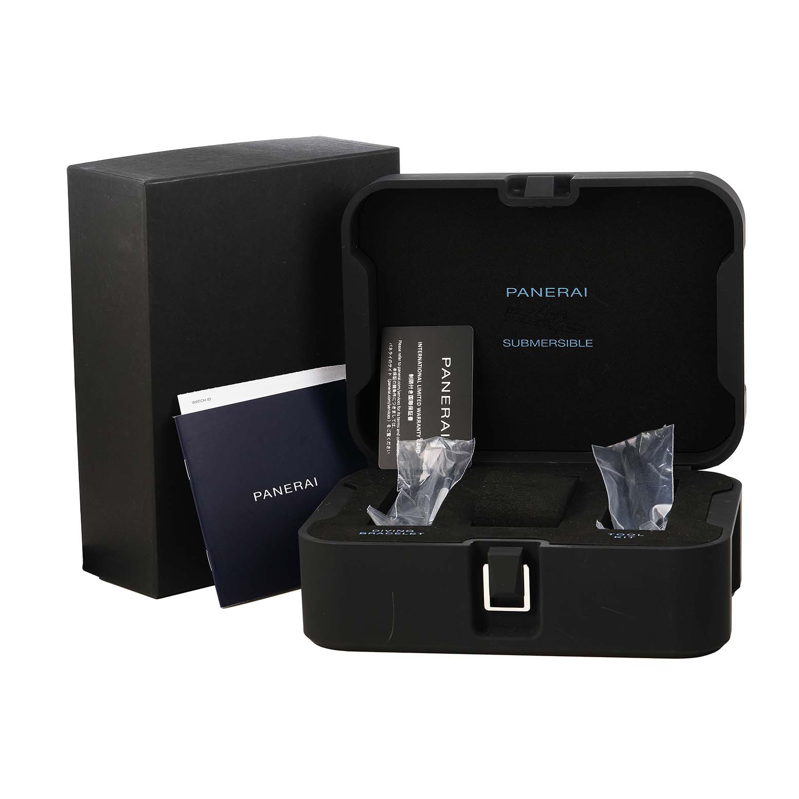 The image shows the packaging and accessories of a Panerai Submersible PAM01289 Men's Stainless Steel Blue Dial watch, including the open case, manuals, and protective materials.