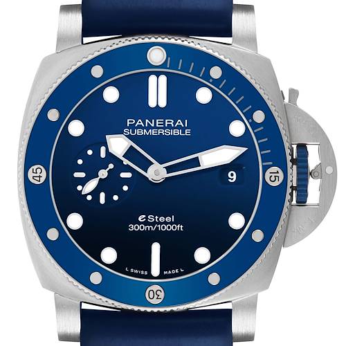 The Panerai Submersible PAM01289 Men's Stainless Steel Blue Dial watch is shown from a front angle, highlighting its blue dial and bezel, markers, and crown guard.