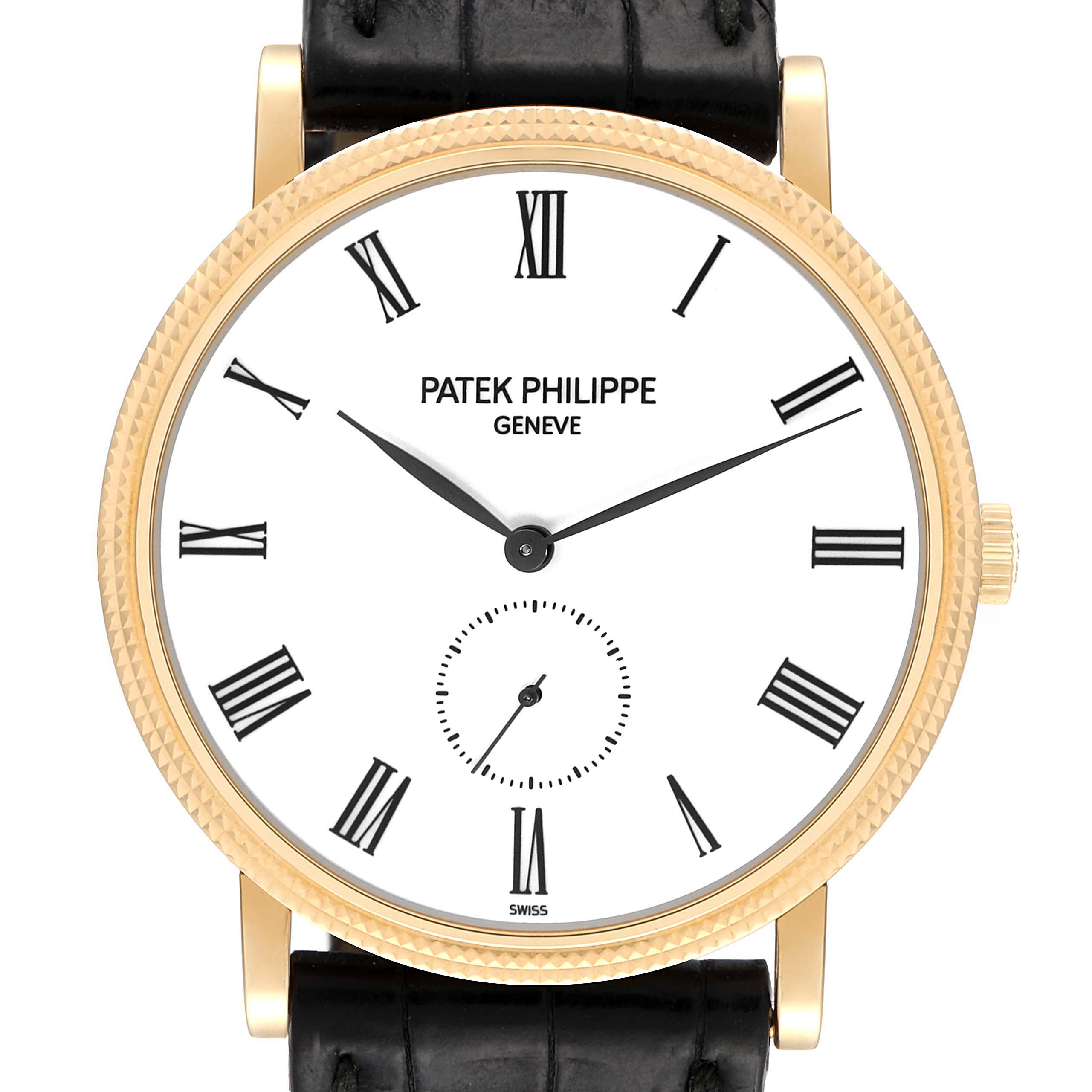 This image shows a front view of the Patek Philippe Calatrava 5119J-001 Men's Yellow Gold White Dial 5119J-001 Men's Yellow Gold White Dial watch, highlighting the dial, hands, and case.