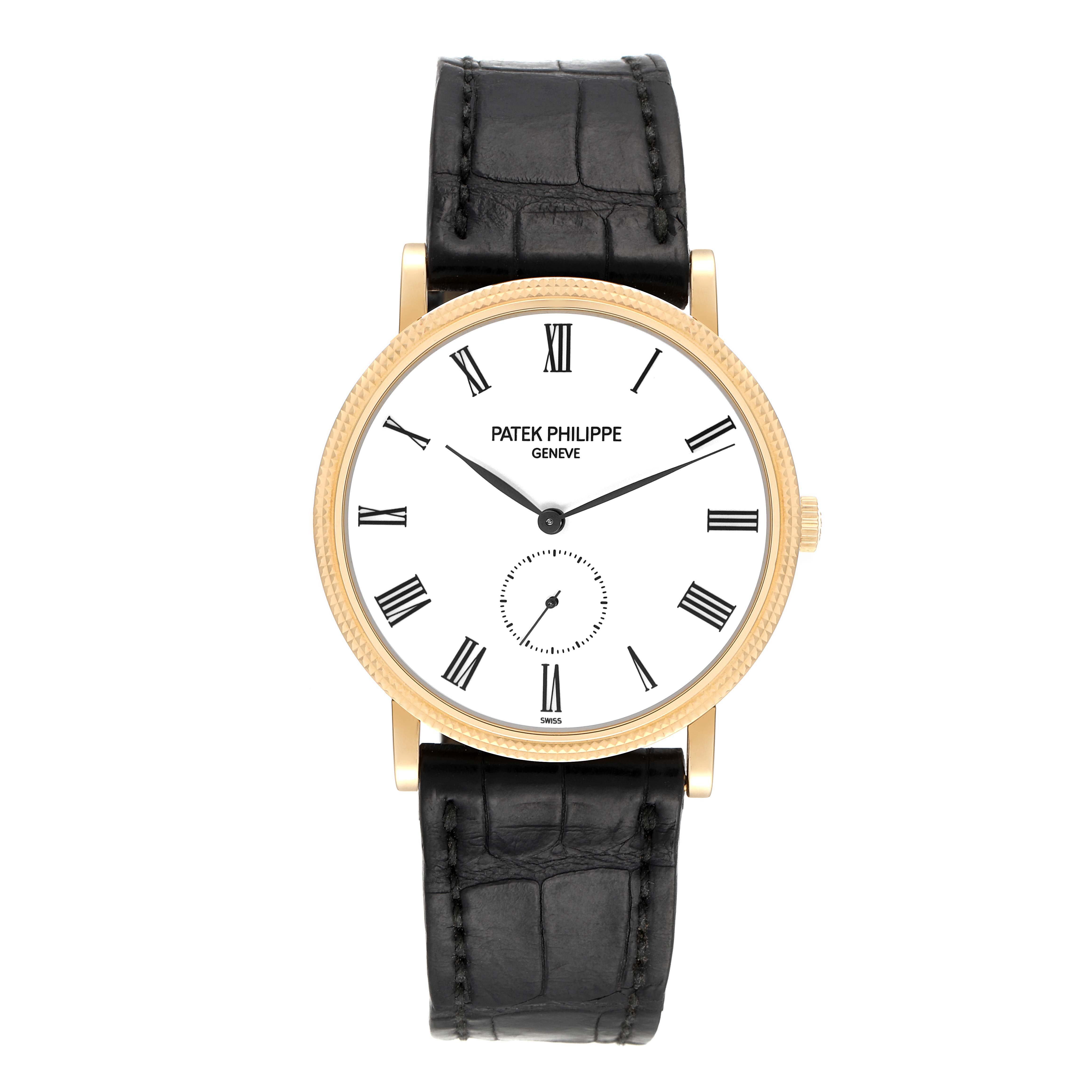 This image shows a front view of a Patek Philippe Calatrava 5119J-001 Men's Yellow Gold White Dial 5119J-001 Men's Yellow Gold White Dial watch with a white dial, Roman numerals, and a black leather strap.