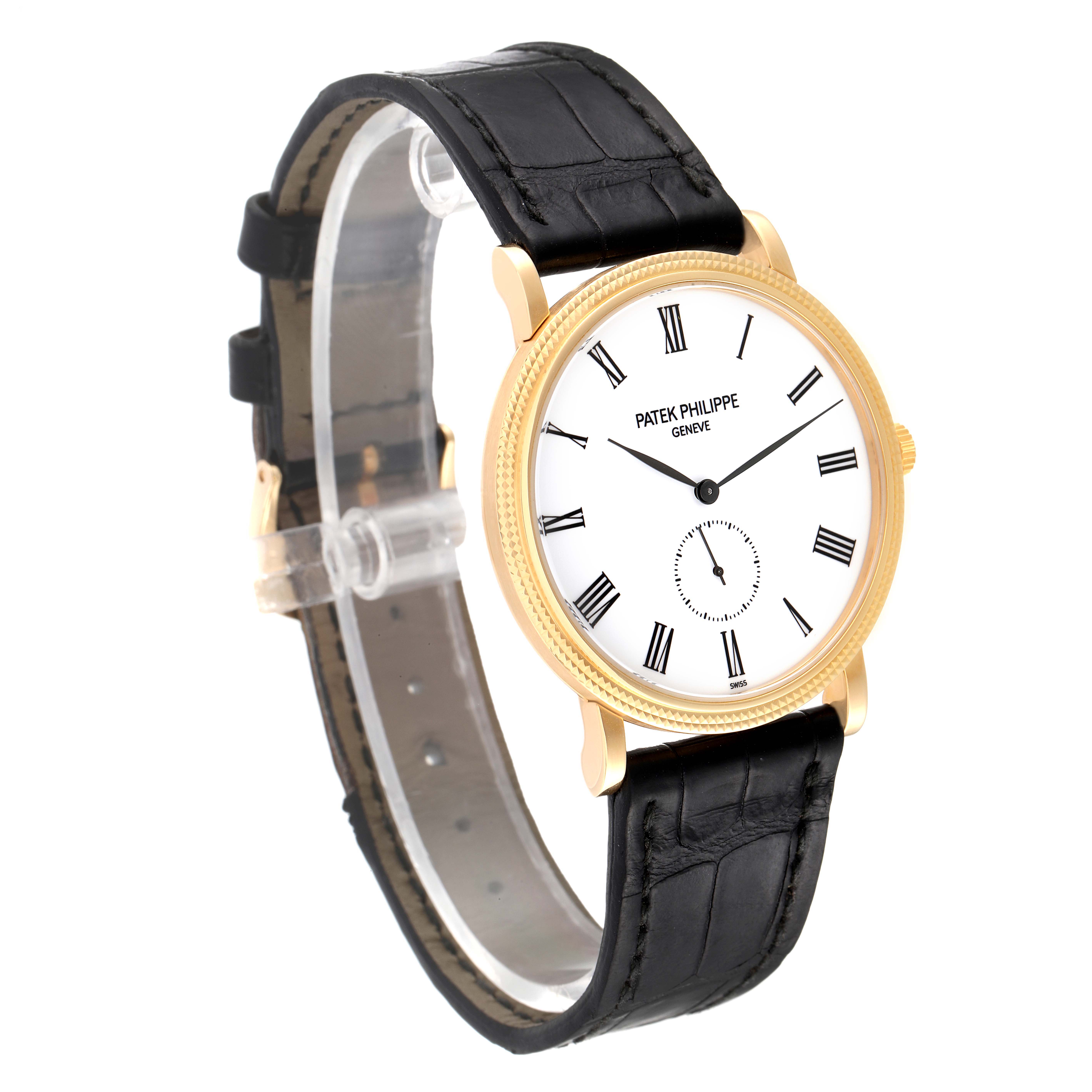The image shows a side angle of the Patek Philippe Calatrava 5119J-001 Men's Yellow Gold White Dial 5119J-001 Men's Yellow Gold White Dial watch, highlighting its dial, bezel, and black leather strap.