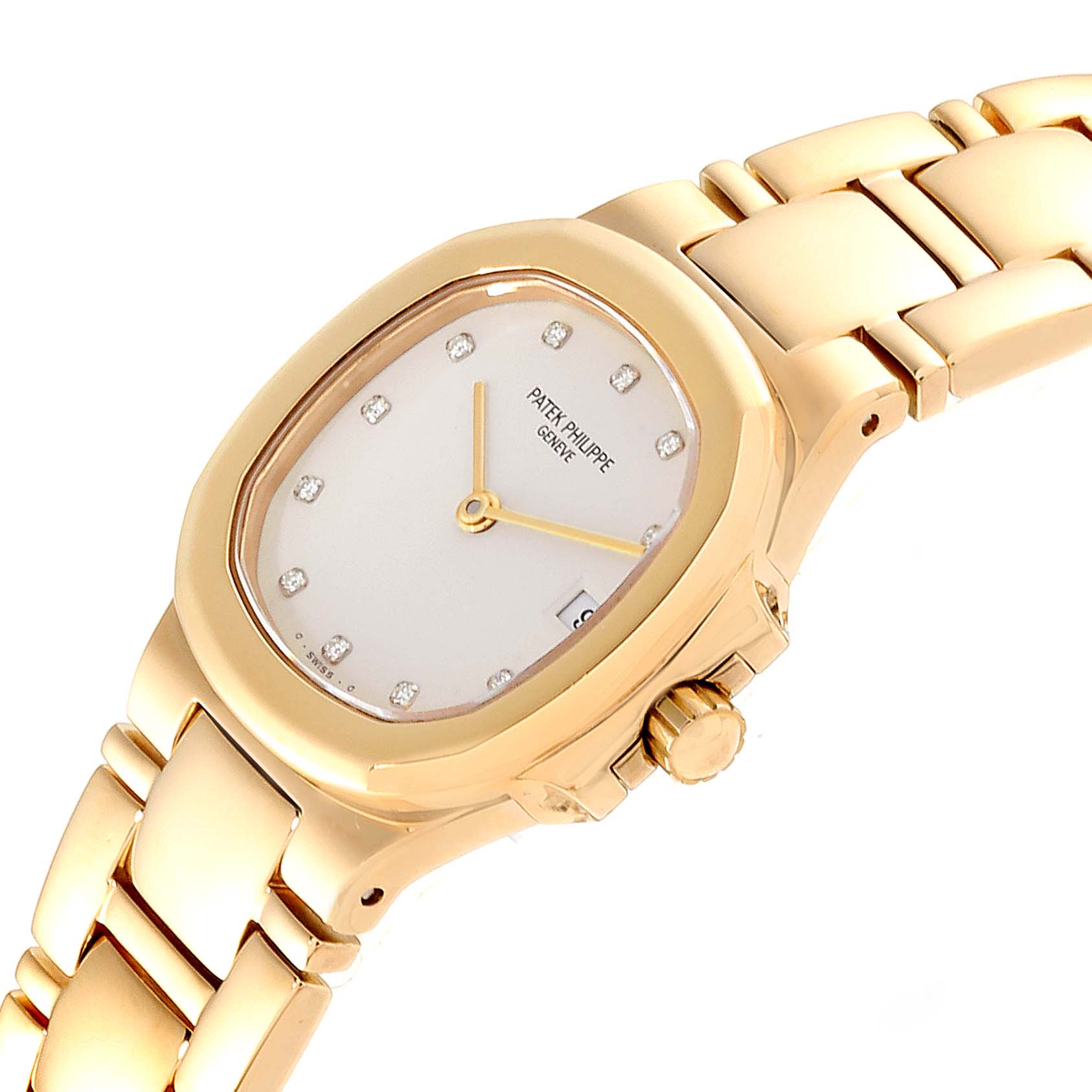 The image shows a Patek Philippe Nautilus 4700 Women's Yellow Gold Beige Dial 4700 Women's Yellow Gold Beige Dial watch at an angled view, highlighting the dial, bezel, crown, and part of the bracelet.