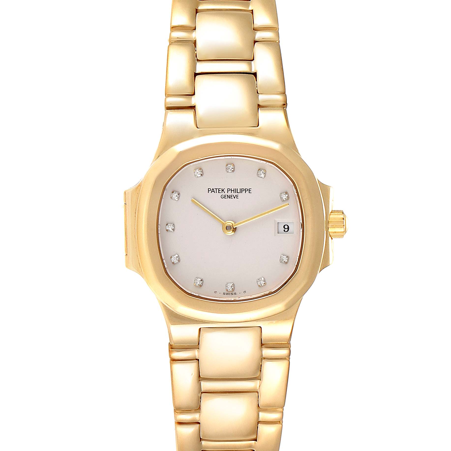 The image shows a Patek Philippe Nautilus 4700 Women's Yellow Gold Beige Dial 4700 Women's Yellow Gold Beige Dial watch from a front angle, highlighting its face, hands, bracelet, and date window.