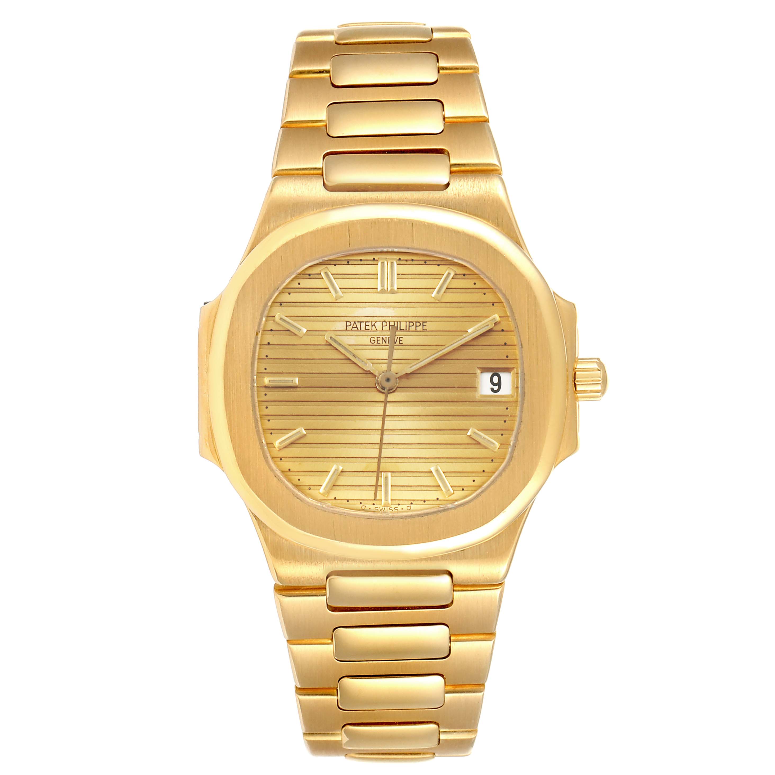 This image shows a front view of a Patek Philippe Nautilus 3900/1J Women's Yellow Gold Champagne Dial 3900/1J Women's Yellow Gold Champagne Dial watch, highlighting its gold bracelet, dial, and date window.
