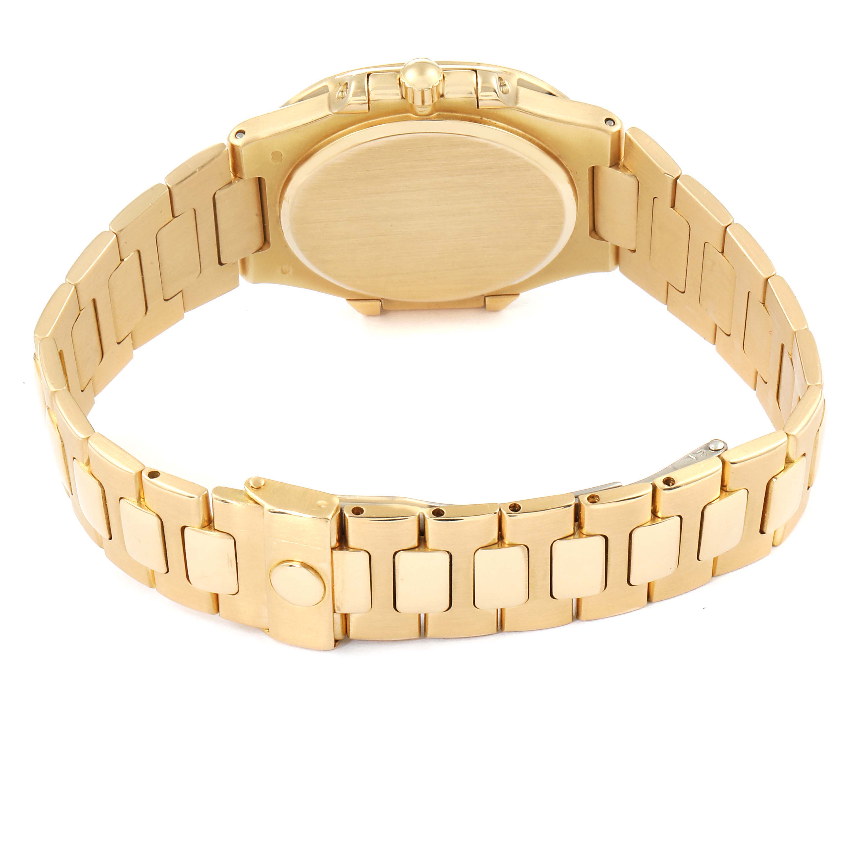 This image shows the back and bracelet of a Patek Philippe Nautilus 3900/1J Women's Yellow Gold Champagne Dial 3900/1J Women's Yellow Gold Champagne Dial watch from a rear angle.