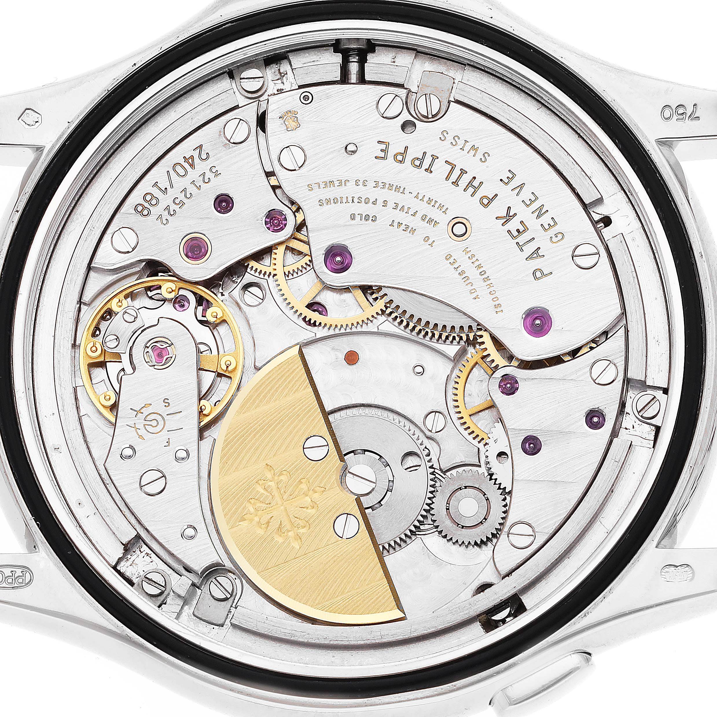 This image shows the intricate inner movement parts of a Patek Philippe Complications 5110G Men's White Gold Silver Dial 5110G Men's White Gold Silver Dial model, viewed from the back.
