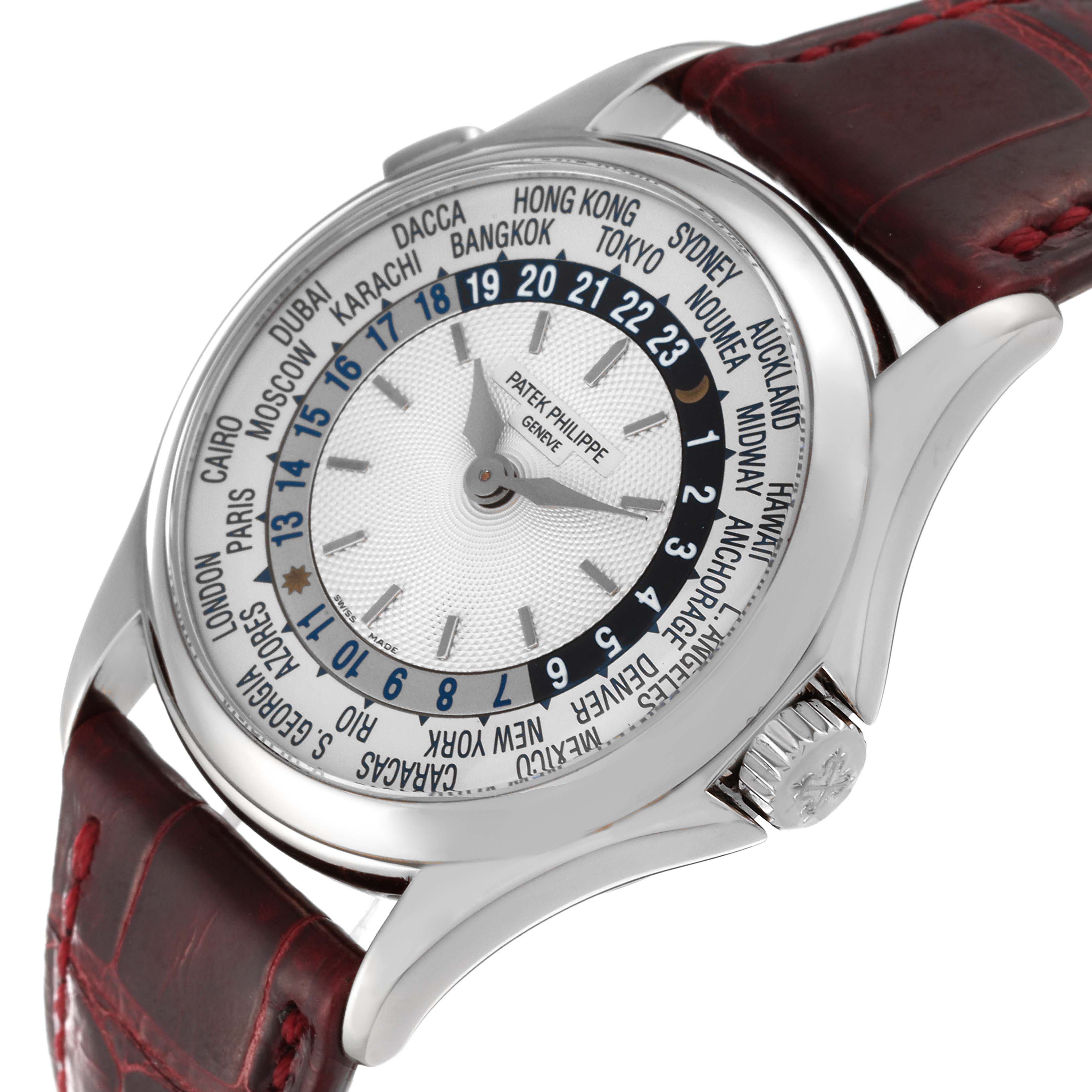 This image shows a Patek Philippe Complications 5110G Men's White Gold Silver Dial 5110G Men's White Gold Silver Dial watch at an angle highlighting the dial, crown, and red leather strap.