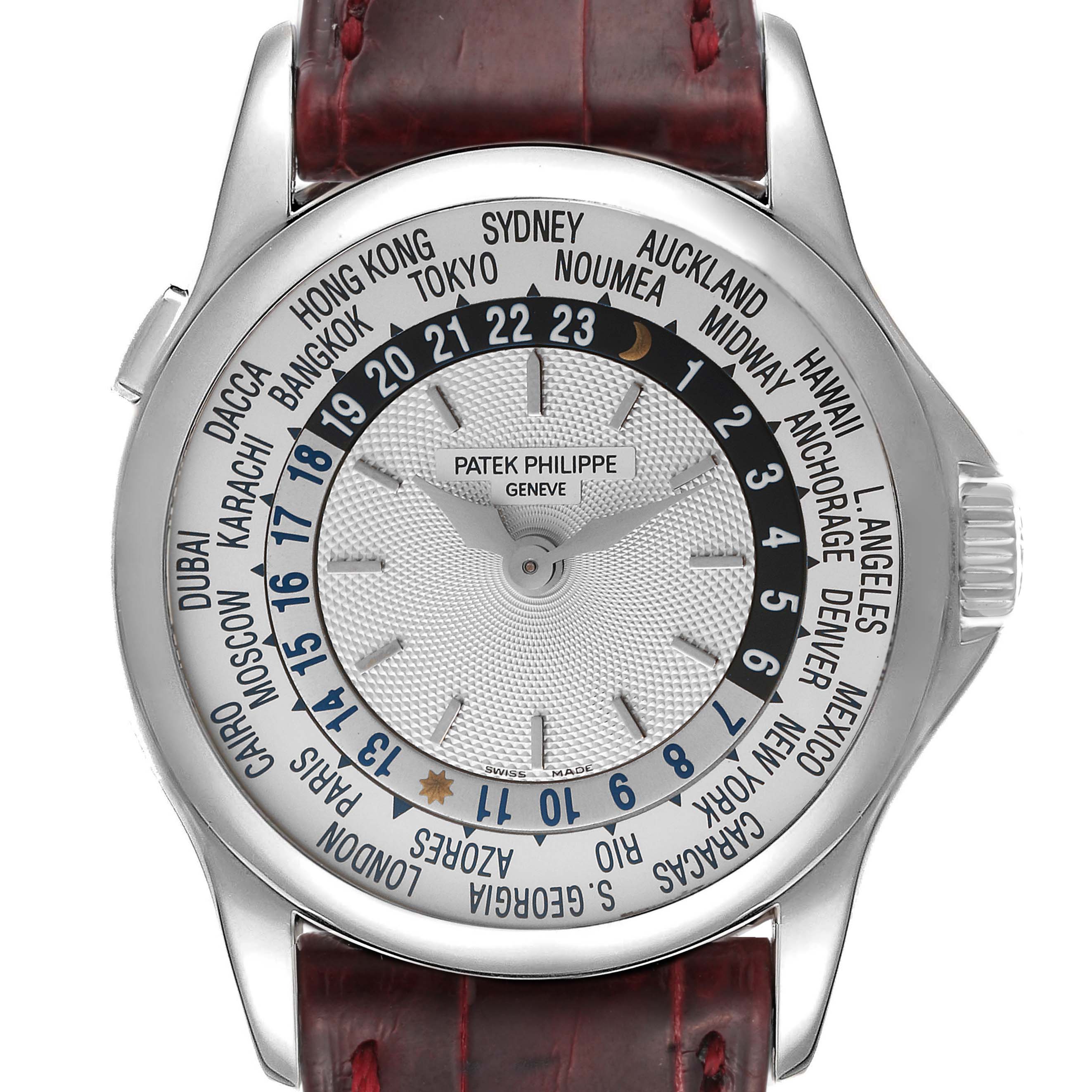 This Patek Philippe Complications 5110G Men's White Gold Silver Dial 5110G Men's White Gold Silver Dial model watch is shown from a front angle, displaying its dial with world time cities and hour indicators.