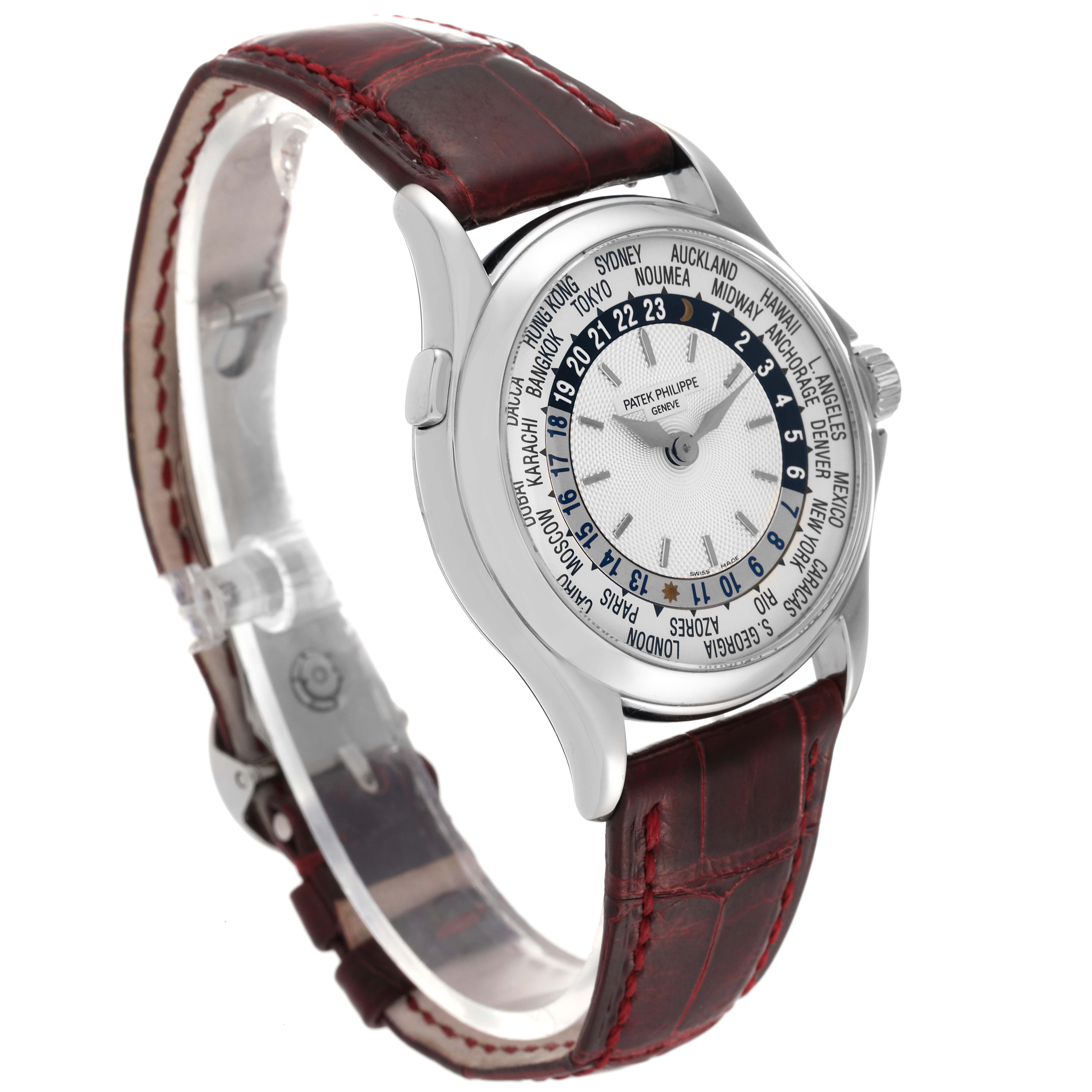 The image shows a Patek Philippe Complications 5110G Men's White Gold Silver Dial 5110G Men's White Gold Silver Dial watch at a three-quarter angle, highlighting the dial, case, and leather strap.