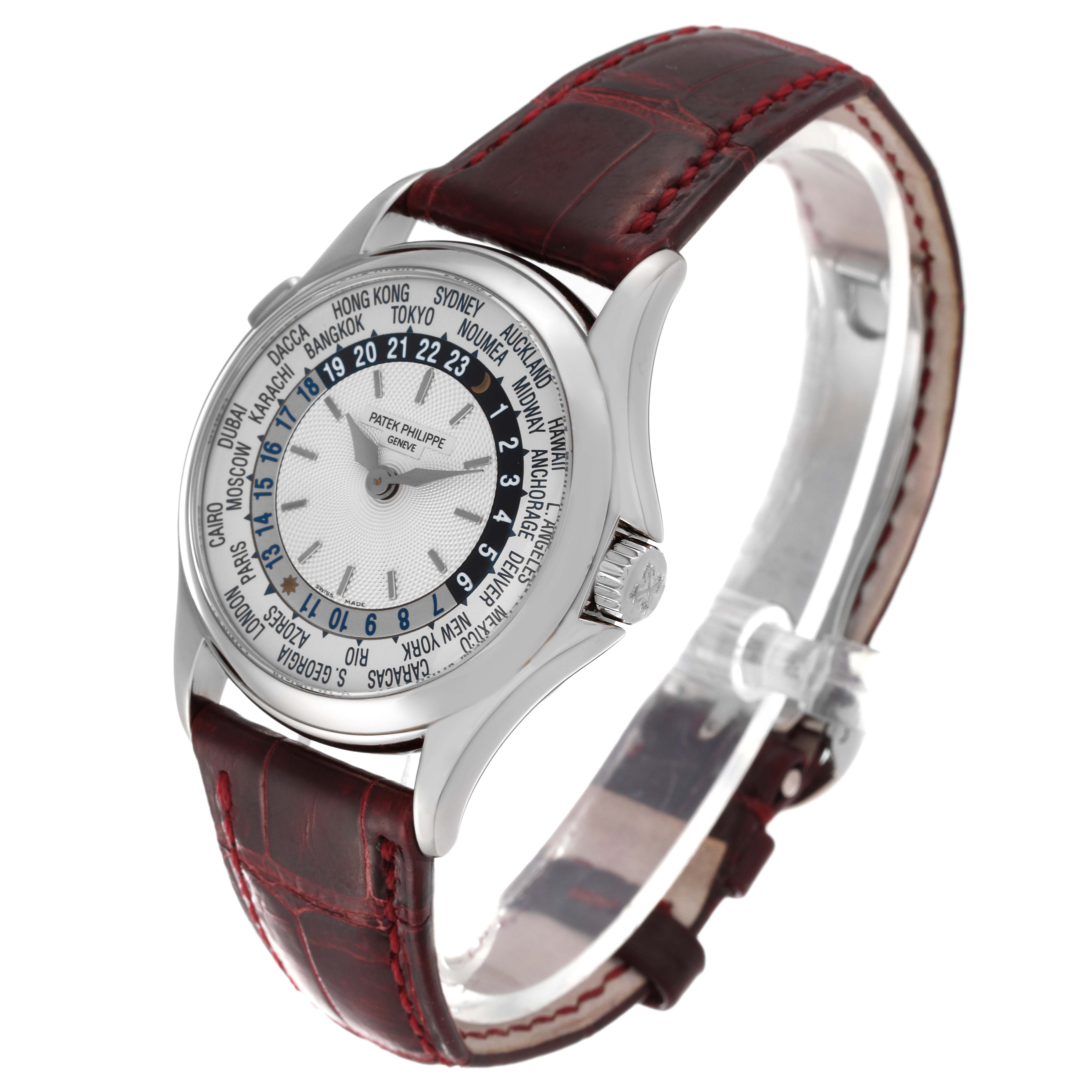 This image shows a Patek Philippe Complications 5110G Men's White Gold Silver Dial 5110G Men's White Gold Silver Dial model watch at a three-quarter angle, displaying its dial, case, and leather strap.