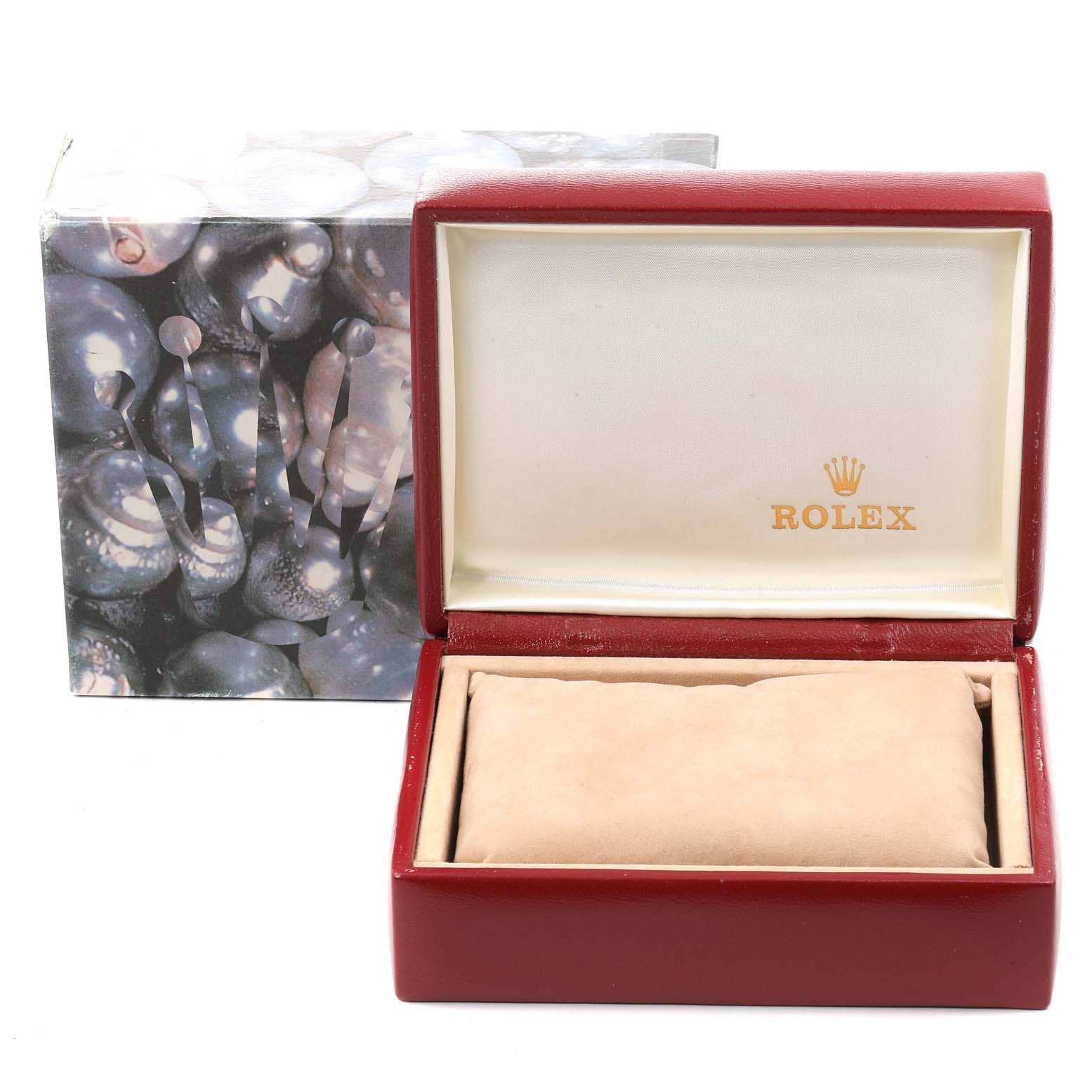 This image shows an open Rolex Datejust 79173 Women's Steel and Gold (two tone) White Dial 79173 Women's Steel and Gold (two tone) White Dial watch box with a cushion inside, against a branded packaging background.