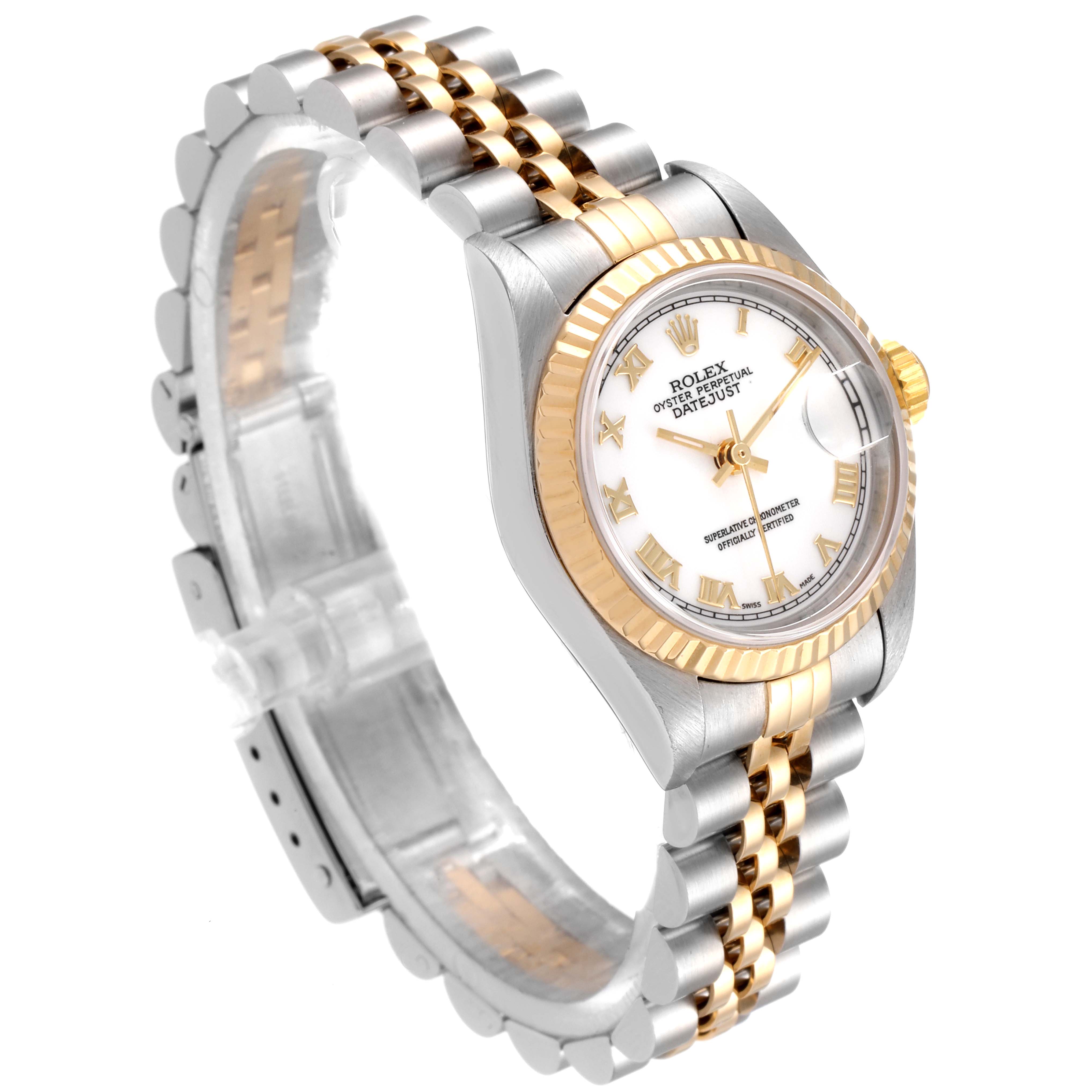 This image shows a side angle of a Rolex Datejust 79173 Women's Steel and Gold (two tone) White Dial 79173 Women's Steel and Gold (two tone) White Dial watch, highlighting its two-tone bracelet and fluted bezel.