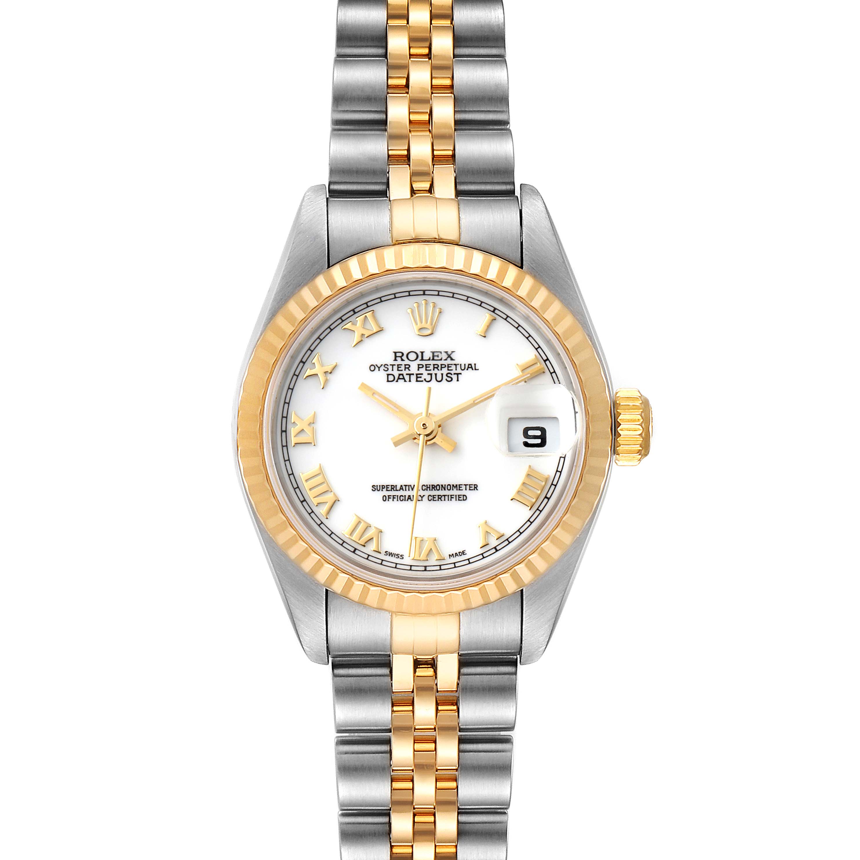 This image shows a front view of the Rolex Datejust 79173 Women's Steel and Gold (two tone) White Dial 79173 Women's Steel and Gold (two tone) White Dial watch, highlighting the dial, bezel, crown, and bracelet.