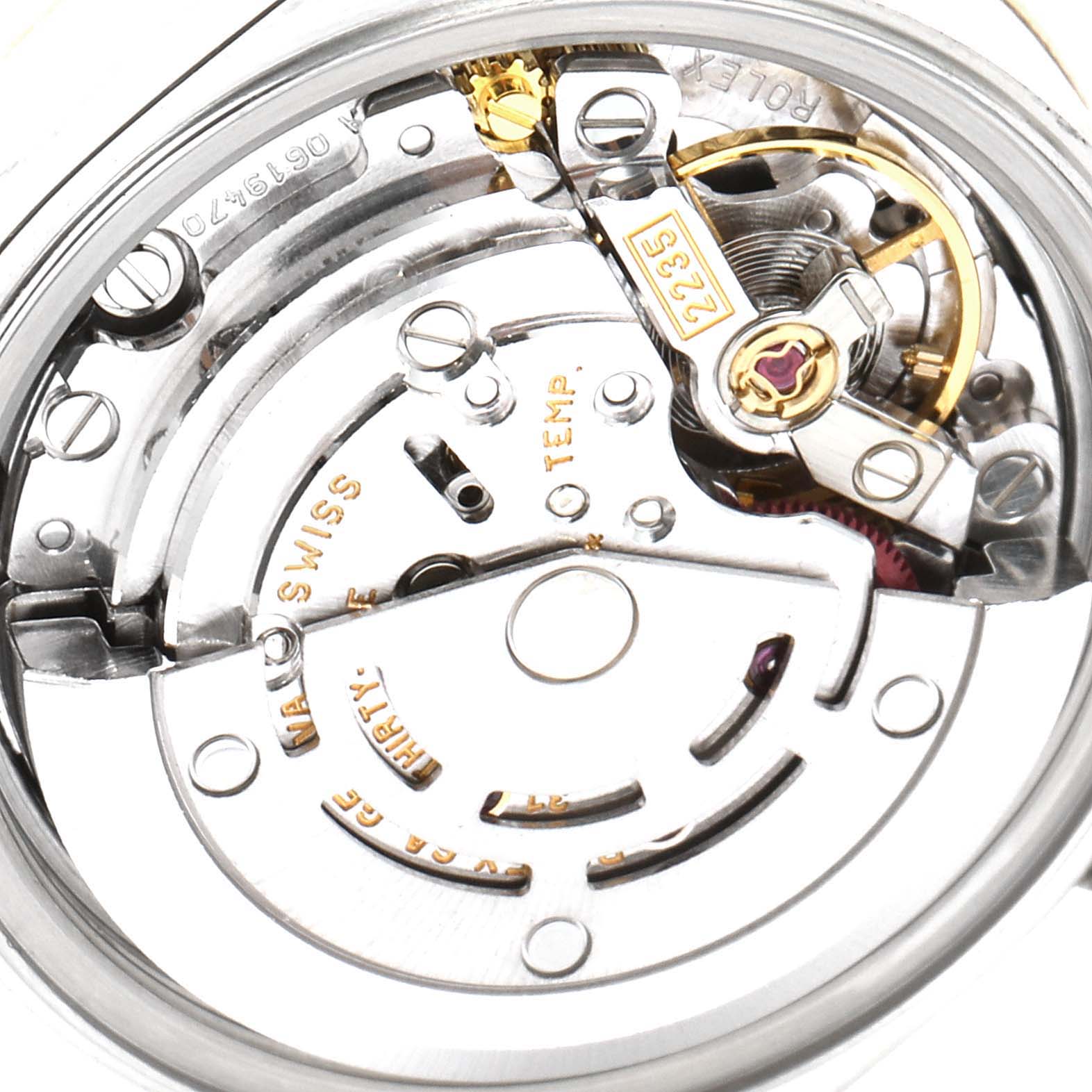 This image shows a close-up view of the movement mechanism of a Rolex Datejust 79173 Women's Steel and Gold (two tone) White Dial 79173 Women's Steel and Gold (two tone) White Dial watch.