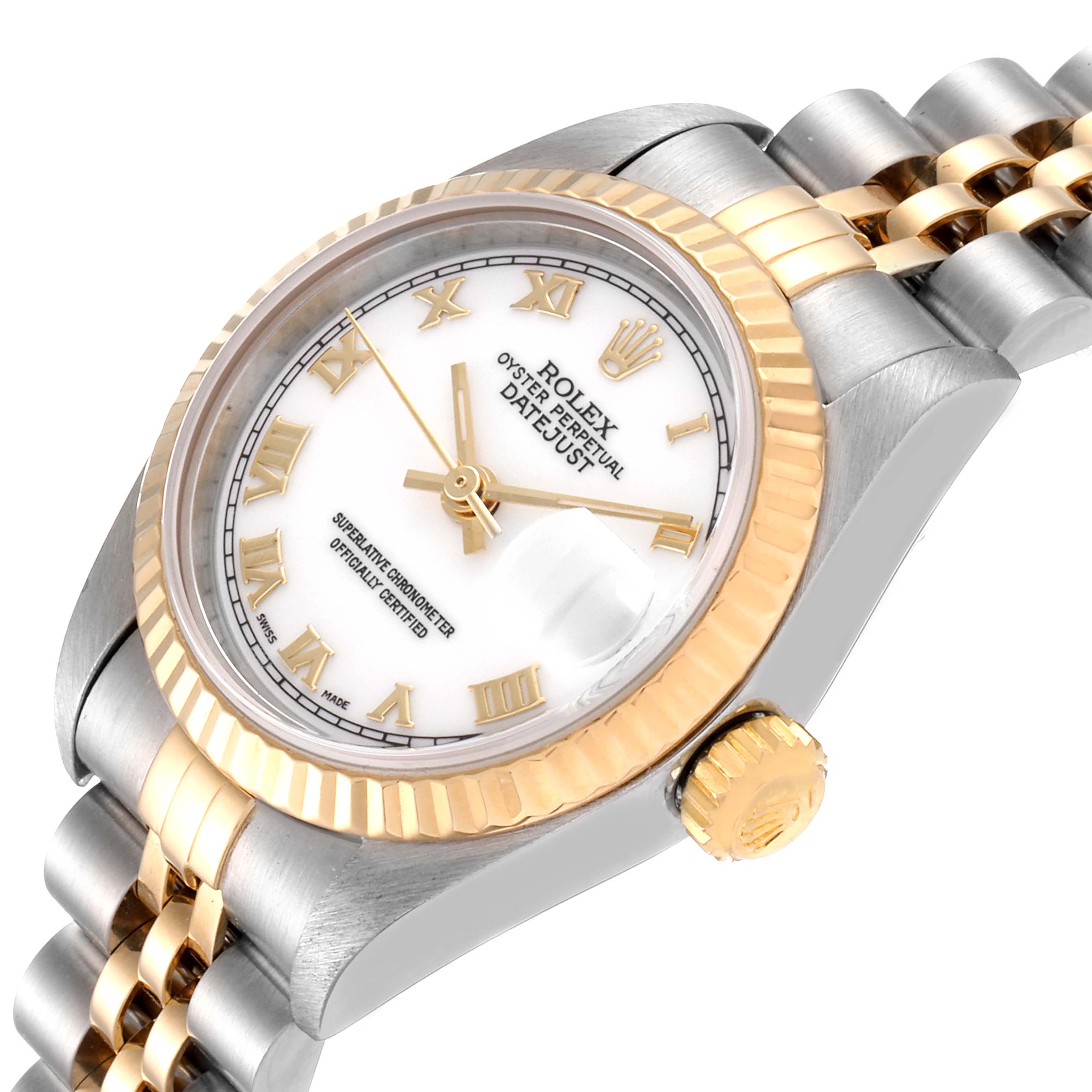 The image shows a close-up angle of the Rolex Datejust 79173 Women's Steel and Gold (two tone) White Dial 79173 Women's Steel and Gold (two tone) White Dial watch face, bezel, crown, and part of the bracelet.