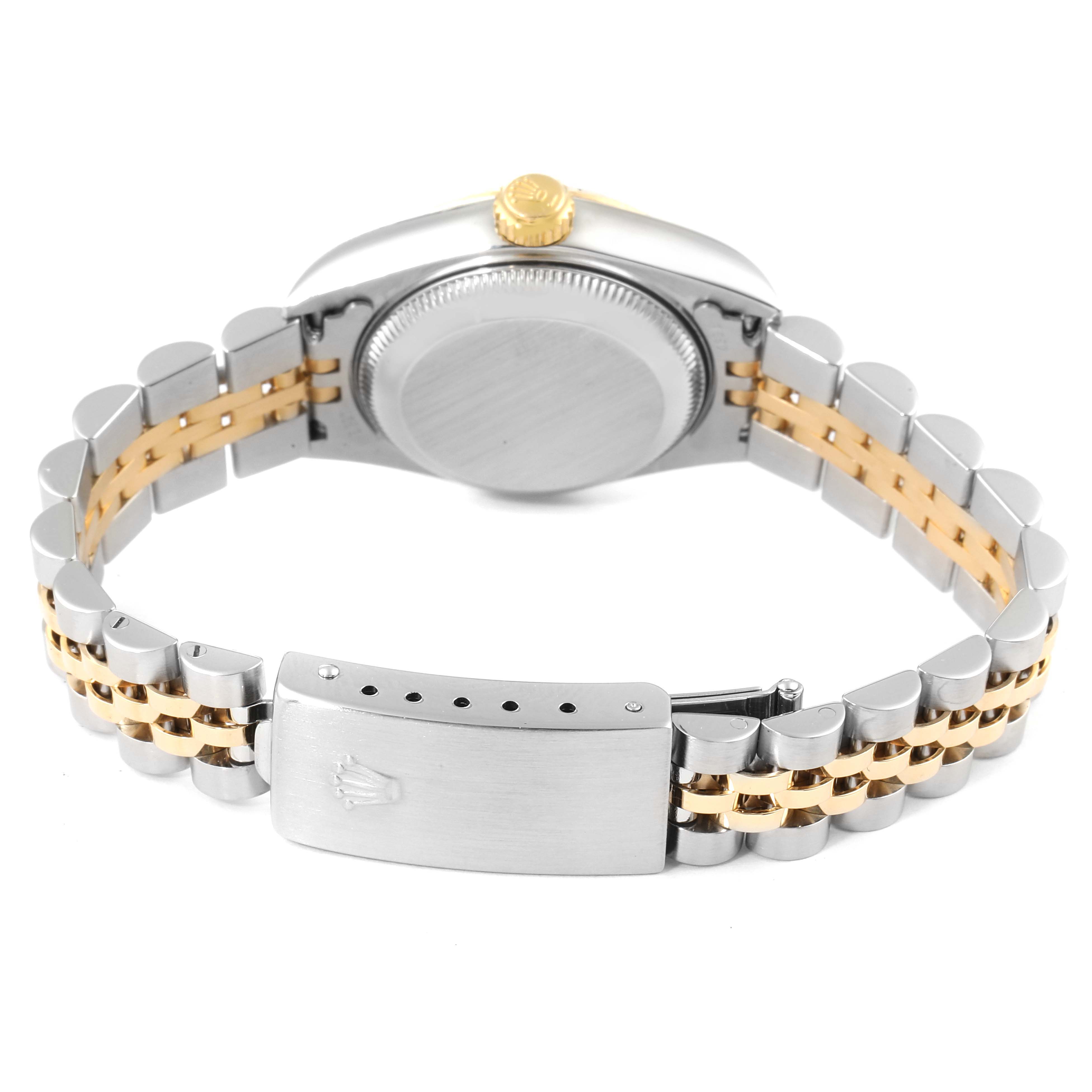 This image shows the back view of a Rolex Datejust 79173 Women's Steel and Gold (two tone) White Dial 79173 Women's Steel and Gold (two tone) White Dial watch, highlighting its case back, two-tone bracelet, and clasp.