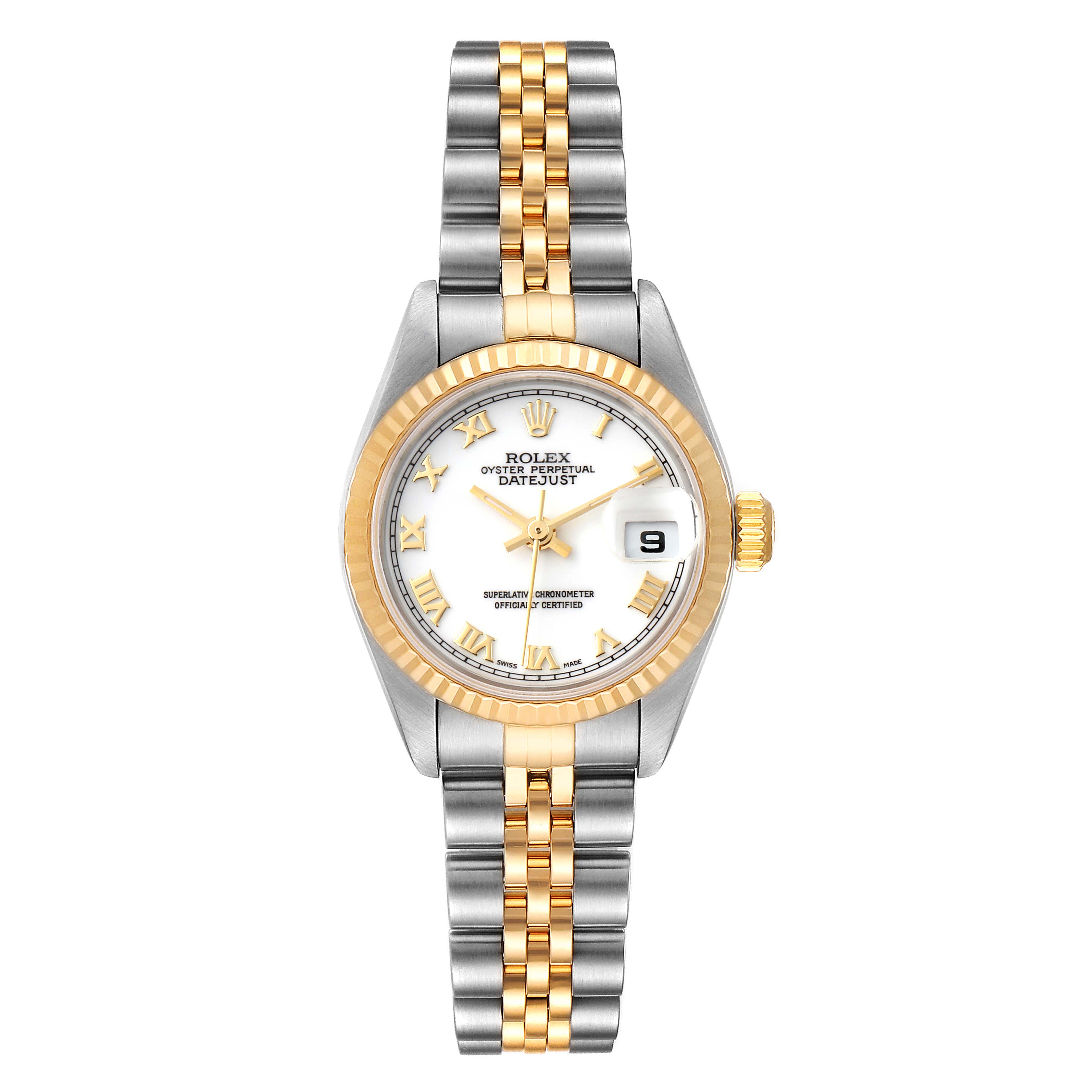 The image shows a front view of the Rolex Datejust 79173 Women's Steel and Gold (two tone) White Dial 79173 Women's Steel and Gold (two tone) White Dial watch, featuring a two-tone bracelet, gold fluted bezel, and date display.